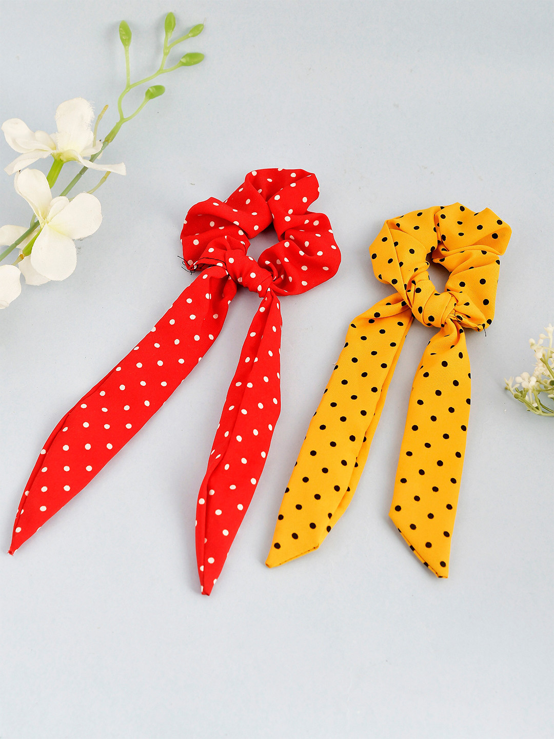 Silvermerc Designs Women Set Of 2 Yellow & Red Polka Dots Printed Scrunchies