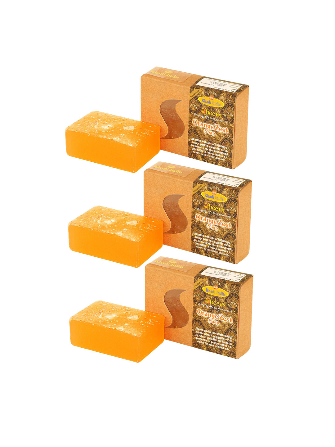 abeers Set of 3 Brown Khadi Handmade Orange Zest Soap With Essential Oil 125 g