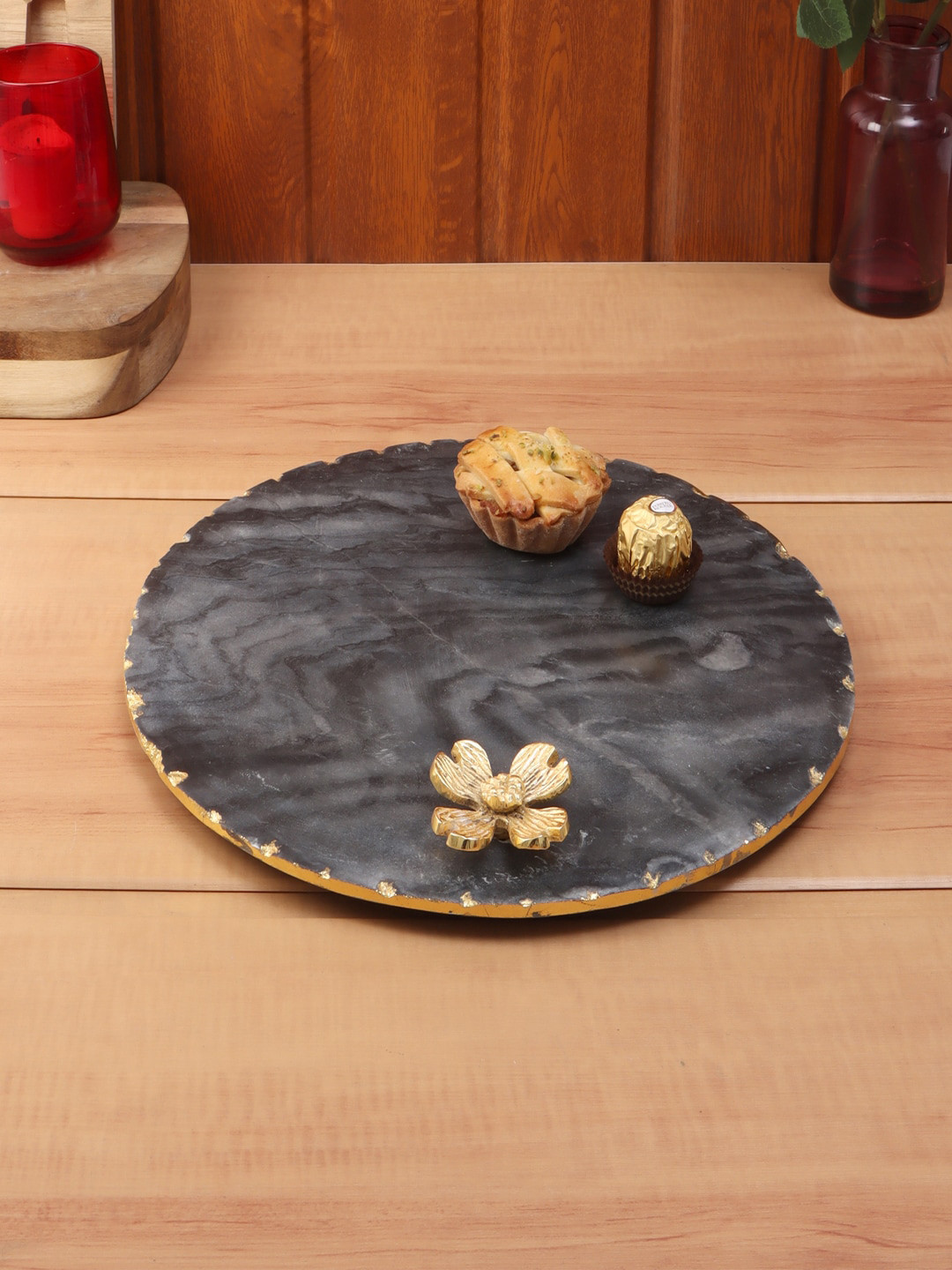 NikkisPride Black & Gold Flower Embedded Marble Platter