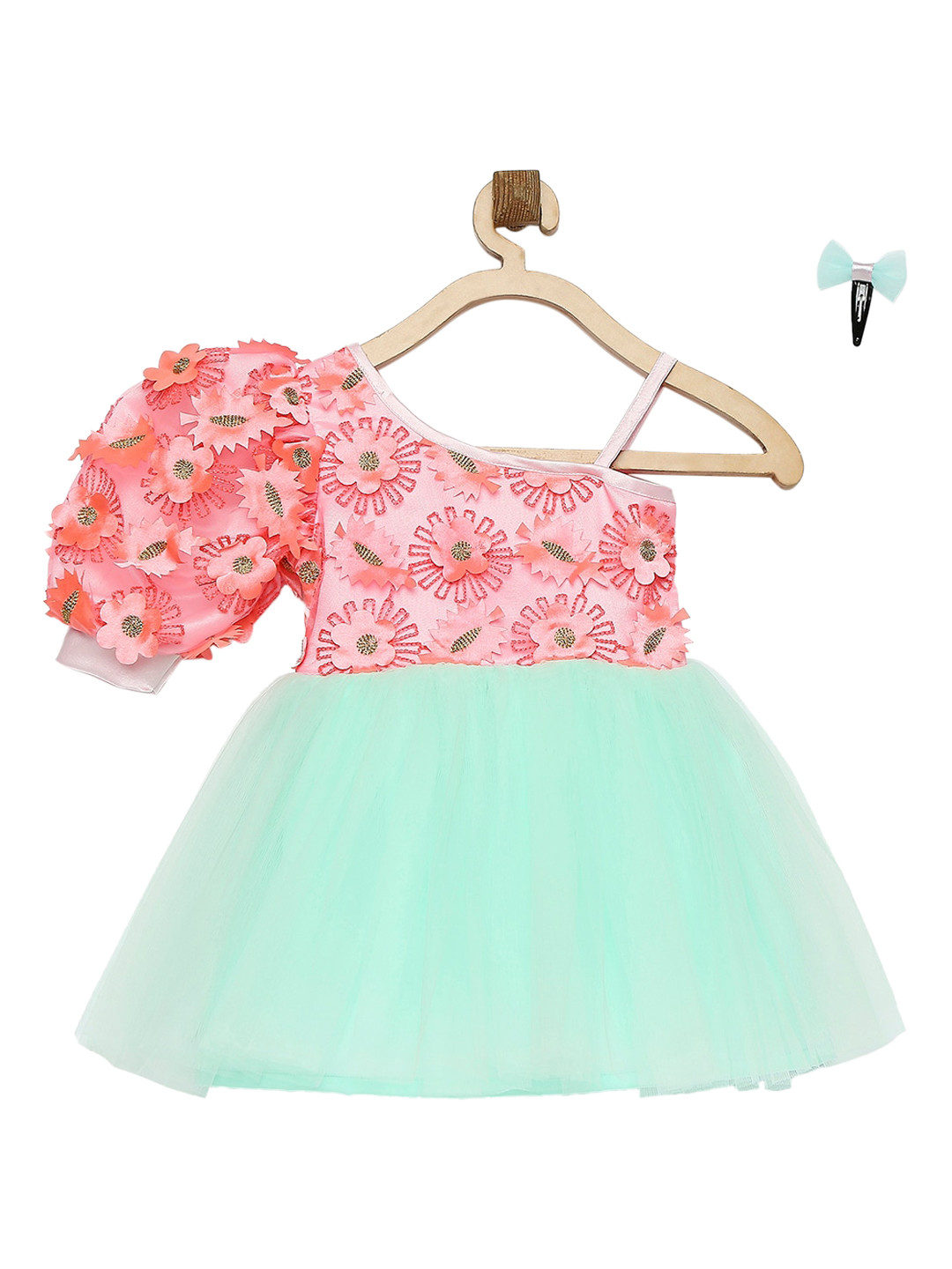 MANY FROCKS & Blue & Pink Floral Embroidered Applique Net Dress