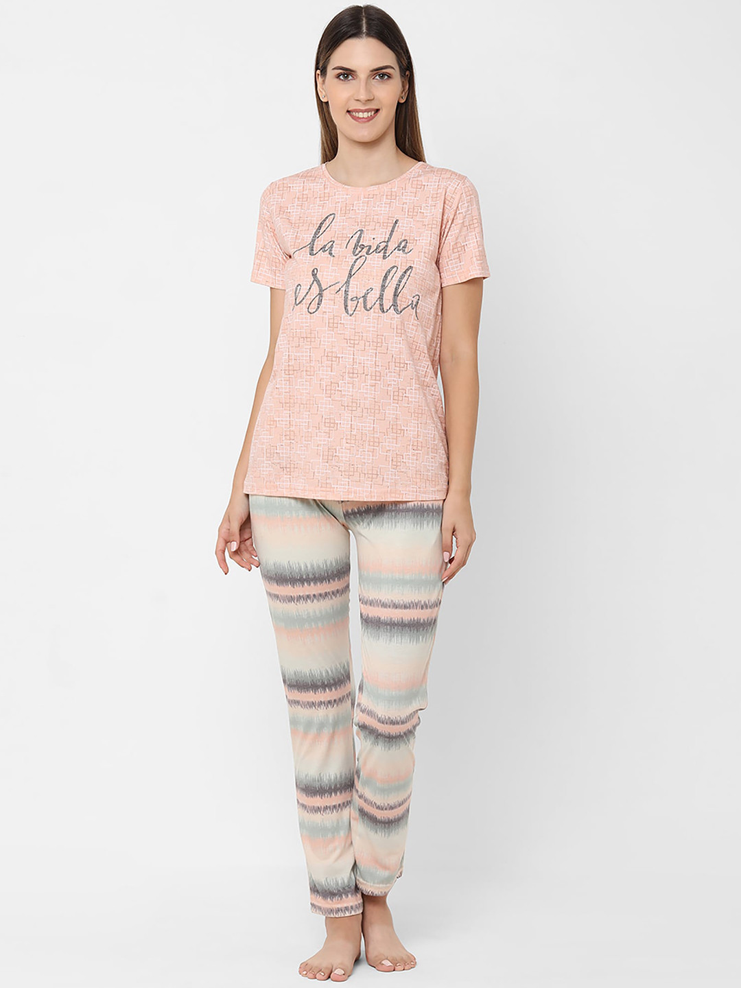 Sweet Dreams Women Peach-Coloured & Grey Printed 2 Pc Night Suit