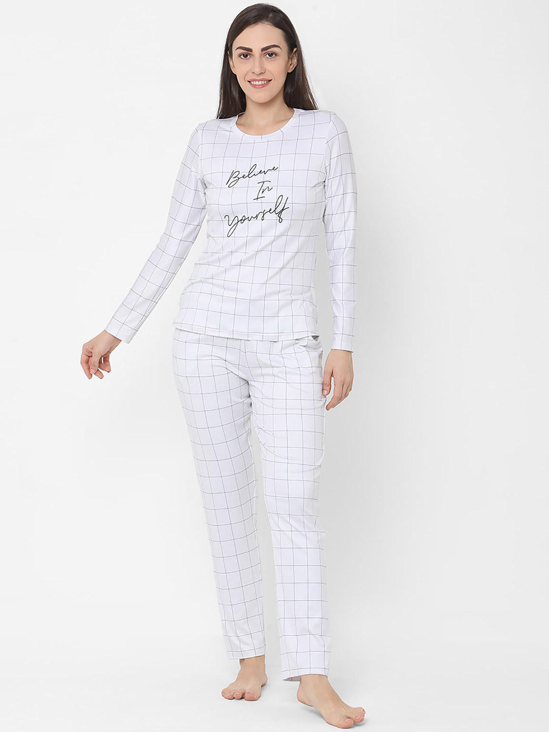 Sweet Dreams Women White Checked & Printed Night Suits