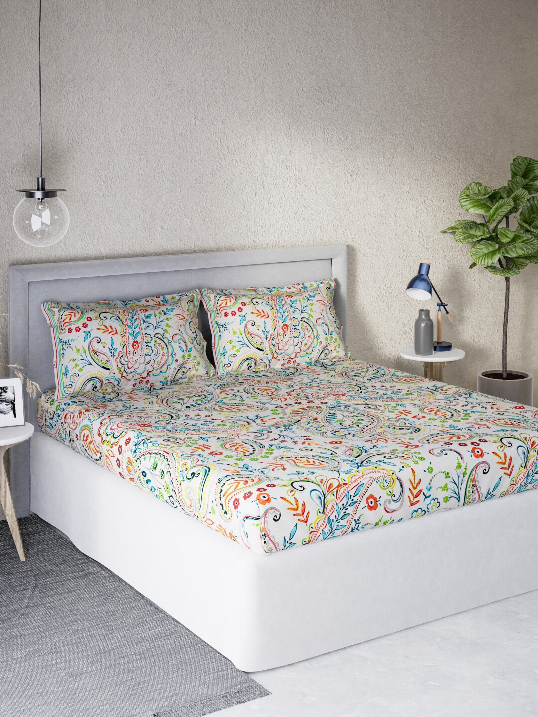 DDecor Sigma Collection Multi Ethnic Cotton 136TC Queen Bedsheet with 2 Pillow Covers