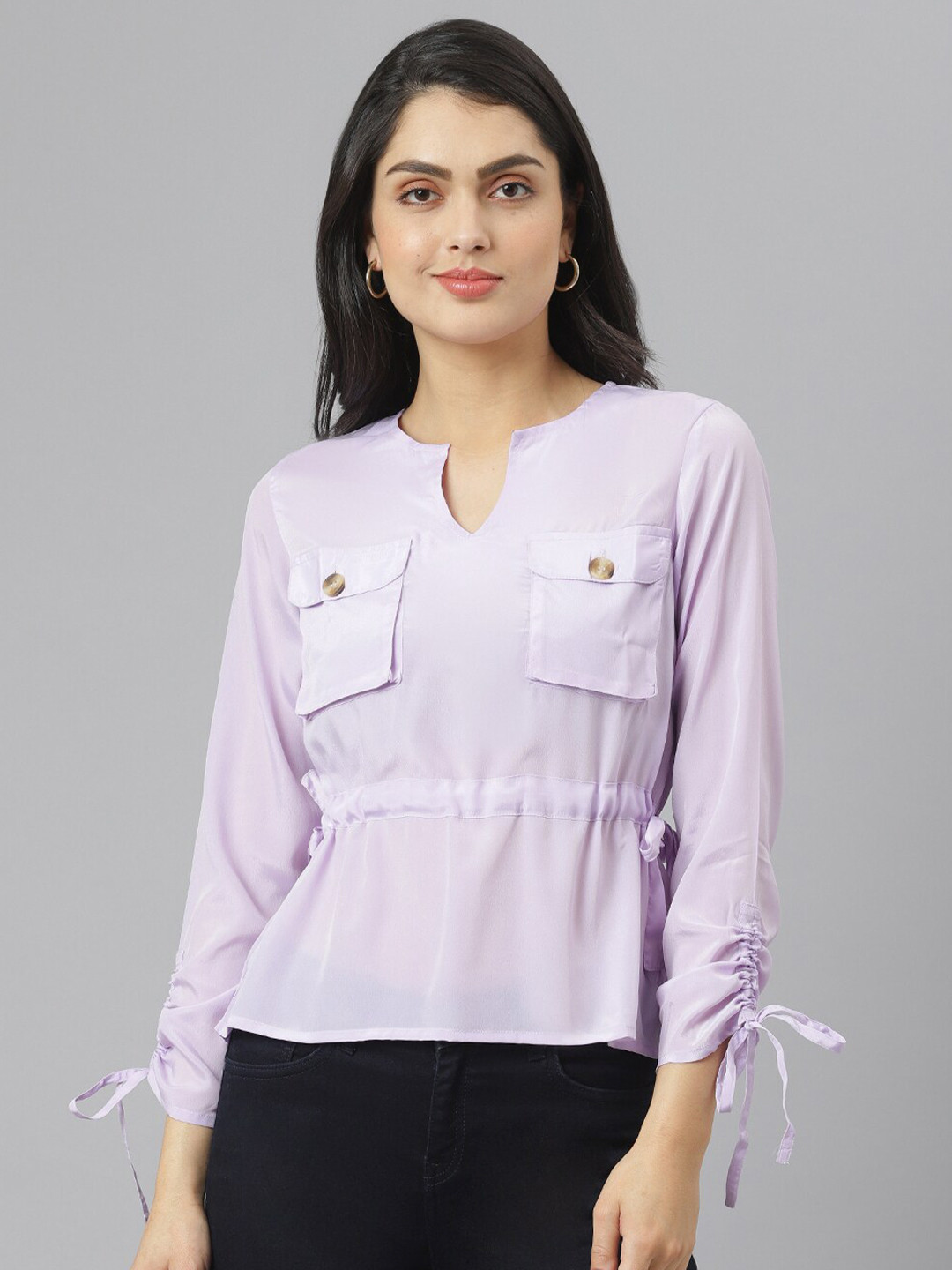 am ma Lavender Mandarin Collar Crepe Cinched Waist Top
