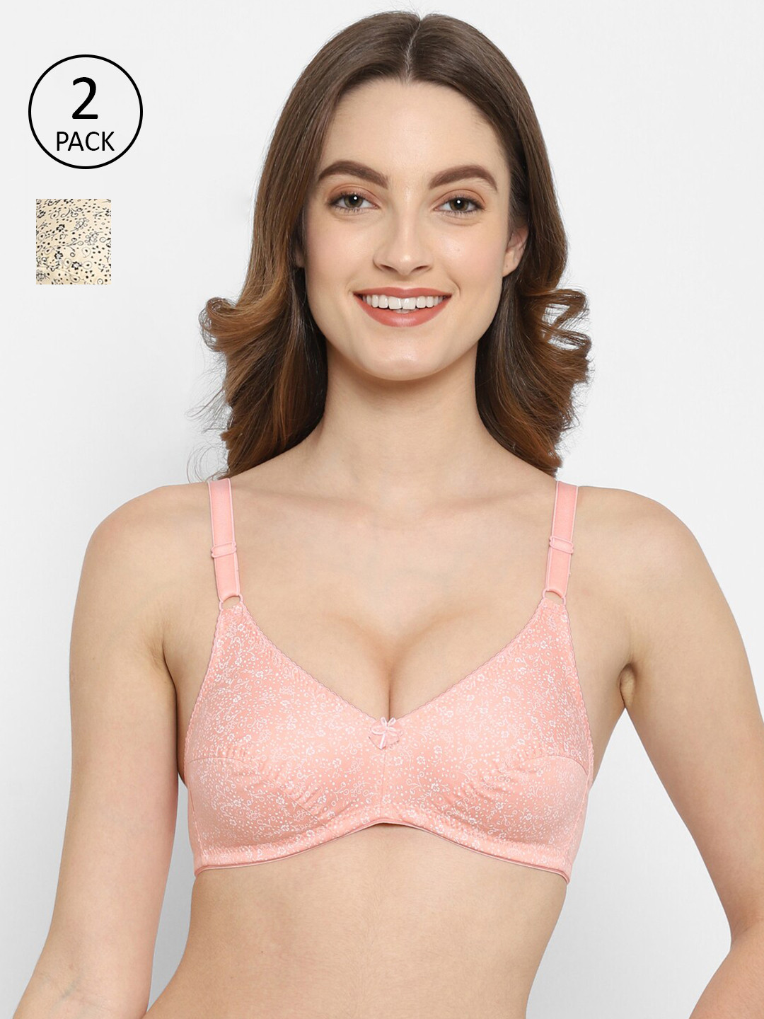 Floret Rose & Cream-Coloured Pack Of 2 Floral Printed T-Shirt Bra