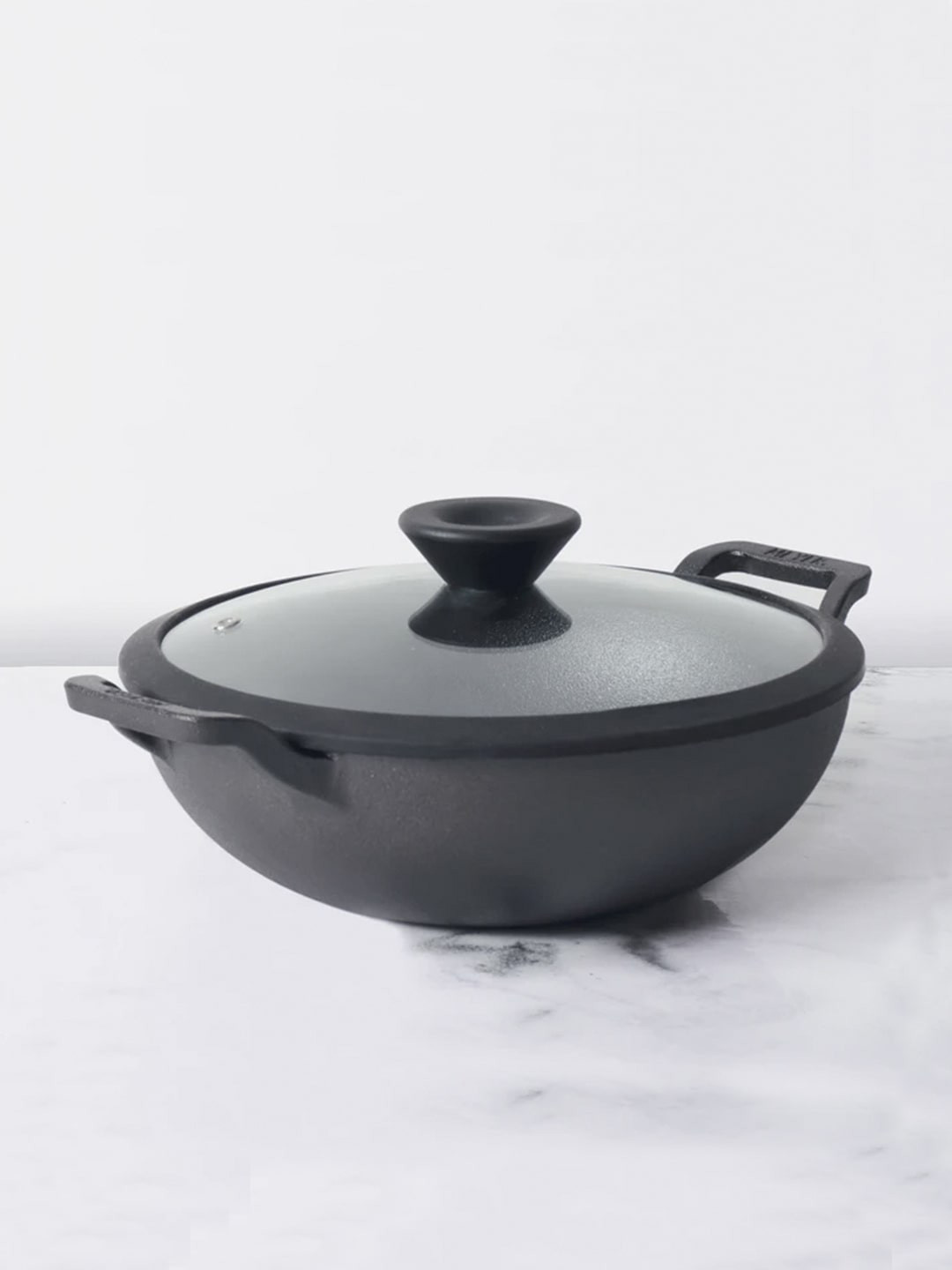 MEYER Black Pre Seasoned Cast Iron Kadhai 24cm With Glass Lid