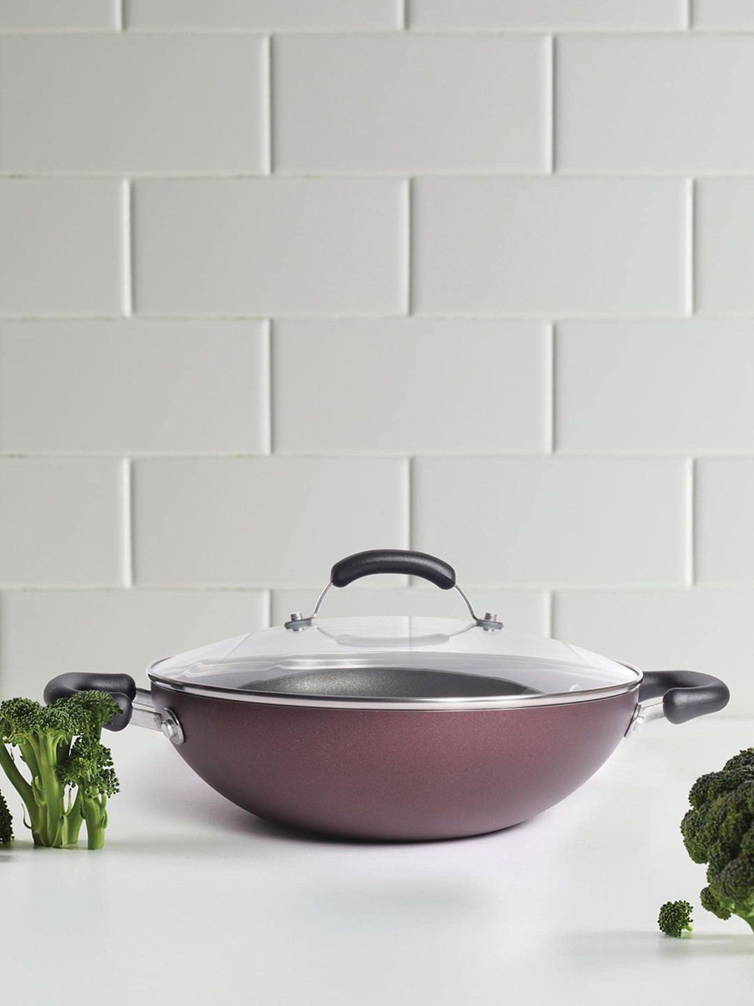 MEYER Burgundy Merlot Non-Stick Kadai/Wok with Lid 24cm