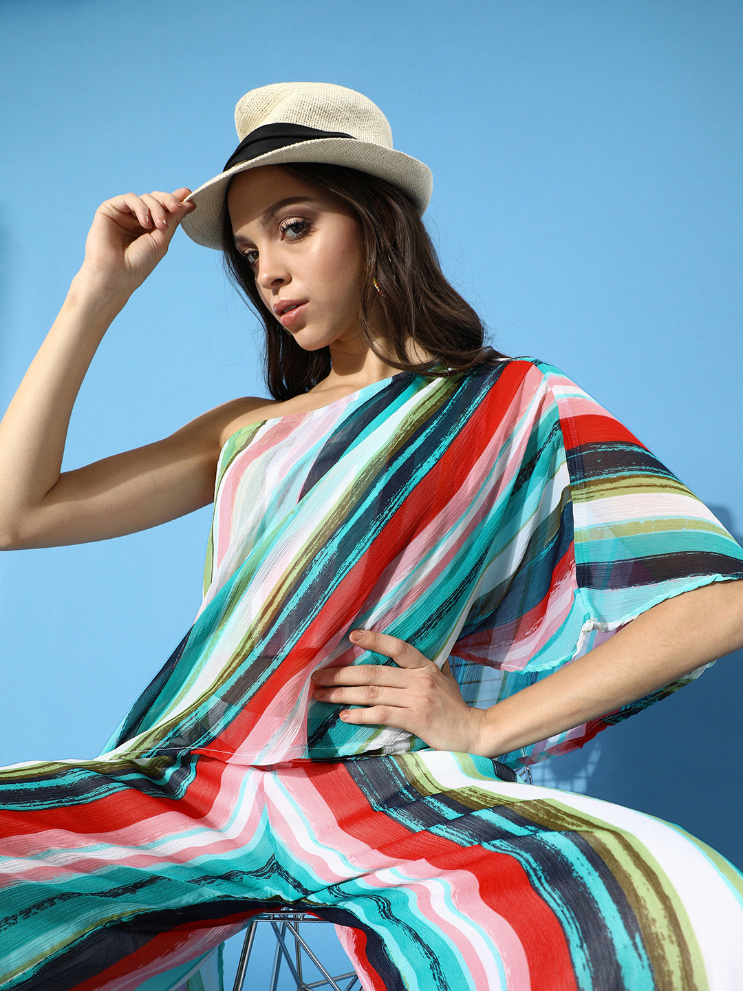 Cation Women Multi-coloured Striped One-Shoulder Co-Ords