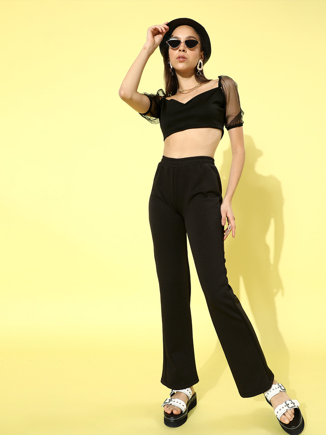 Cation Woman Stylish Black Solid Top with Trousers