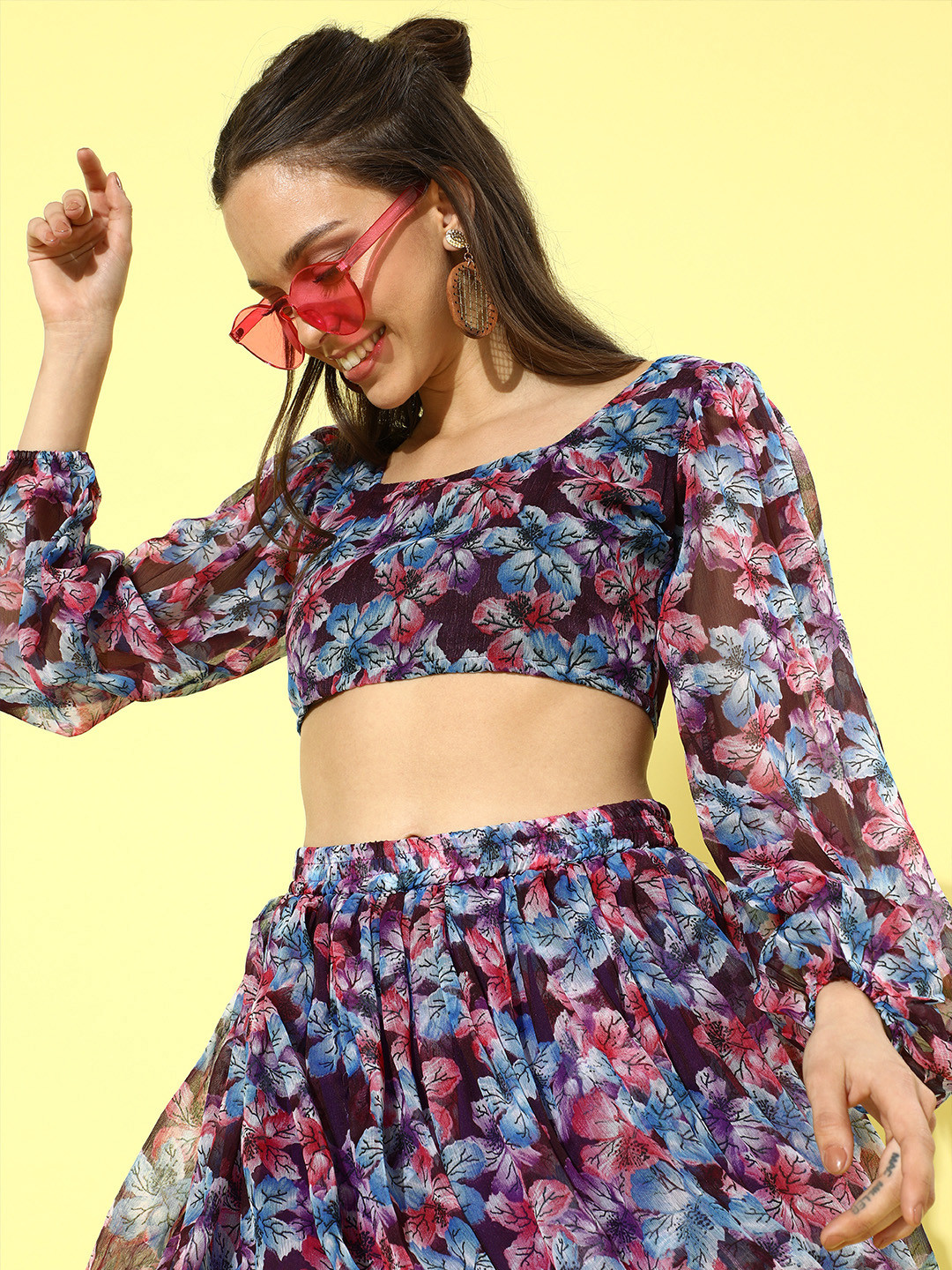 Cation Woman Charming Purple Printed Top with Skirt