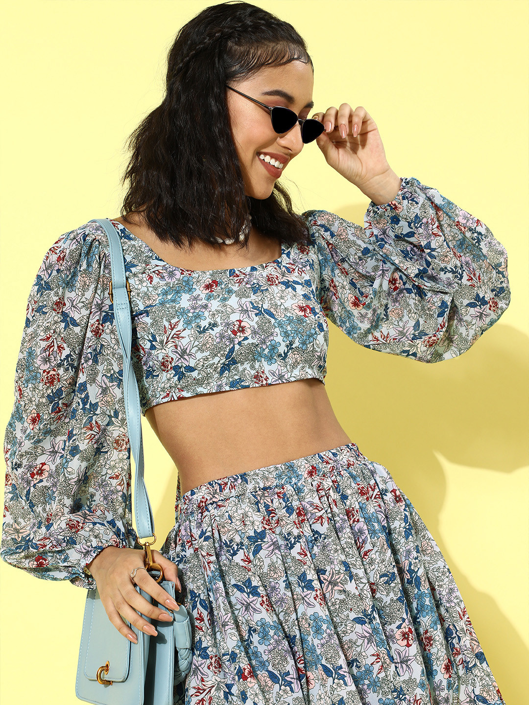 Cation Woman Deep Navy Blue Printed Top with Skirt