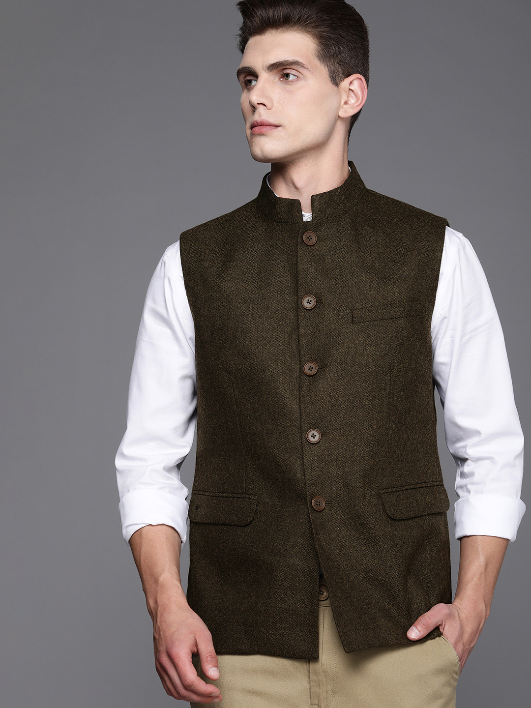 Louis Philippe Men Olive Green Solid Pure Wool Nehru Jacket