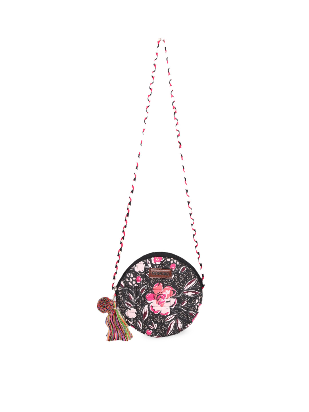ASTRID Black & Pink Floral Printed Sling Bag with Tassels