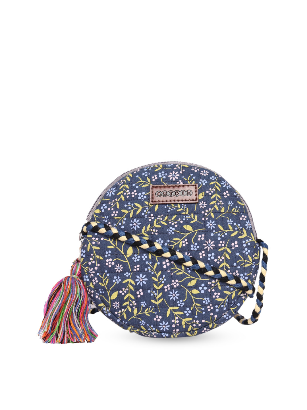 ASTRID Blue Cotton Floral Printed Full Moon Quilted Sling Bag With Tasselled