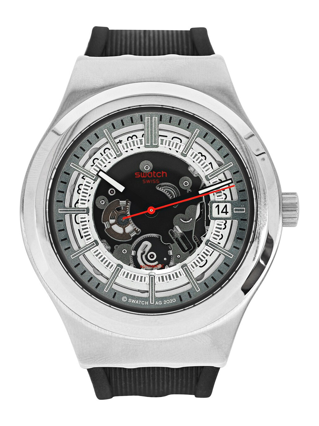 Swatch Unisex Grey Patterned Dial & Black Bracelet Style Straps Water Resistant Analogue Watch YIS431