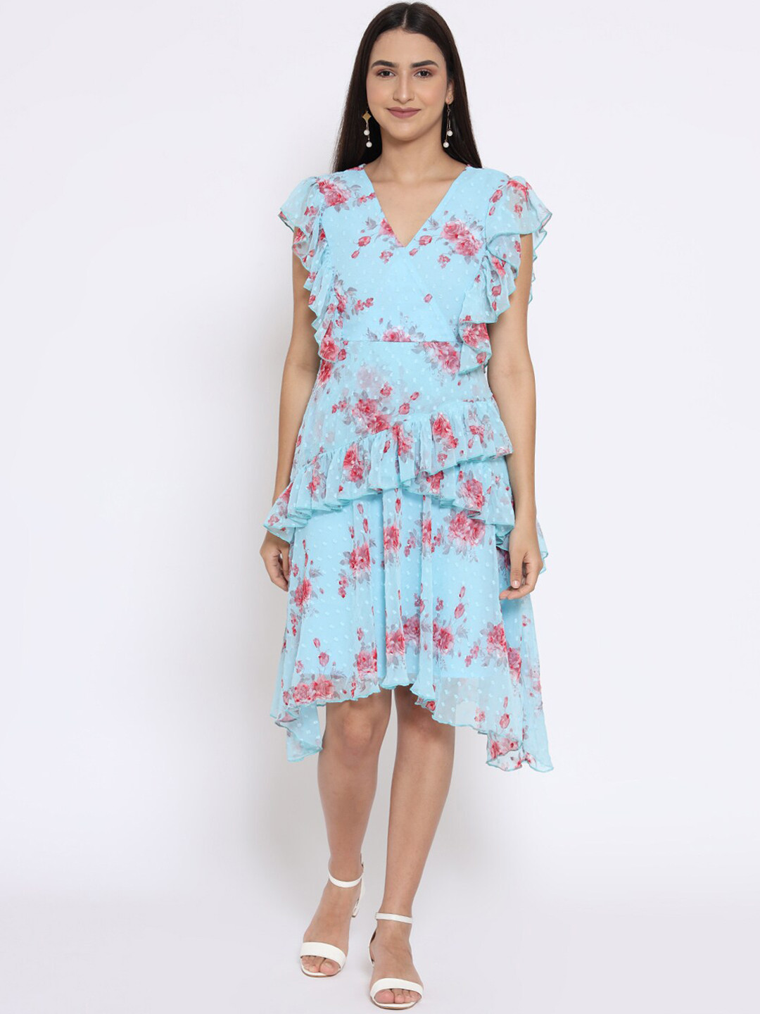 MARC LOUIS Blue Floral Chiffon Dress