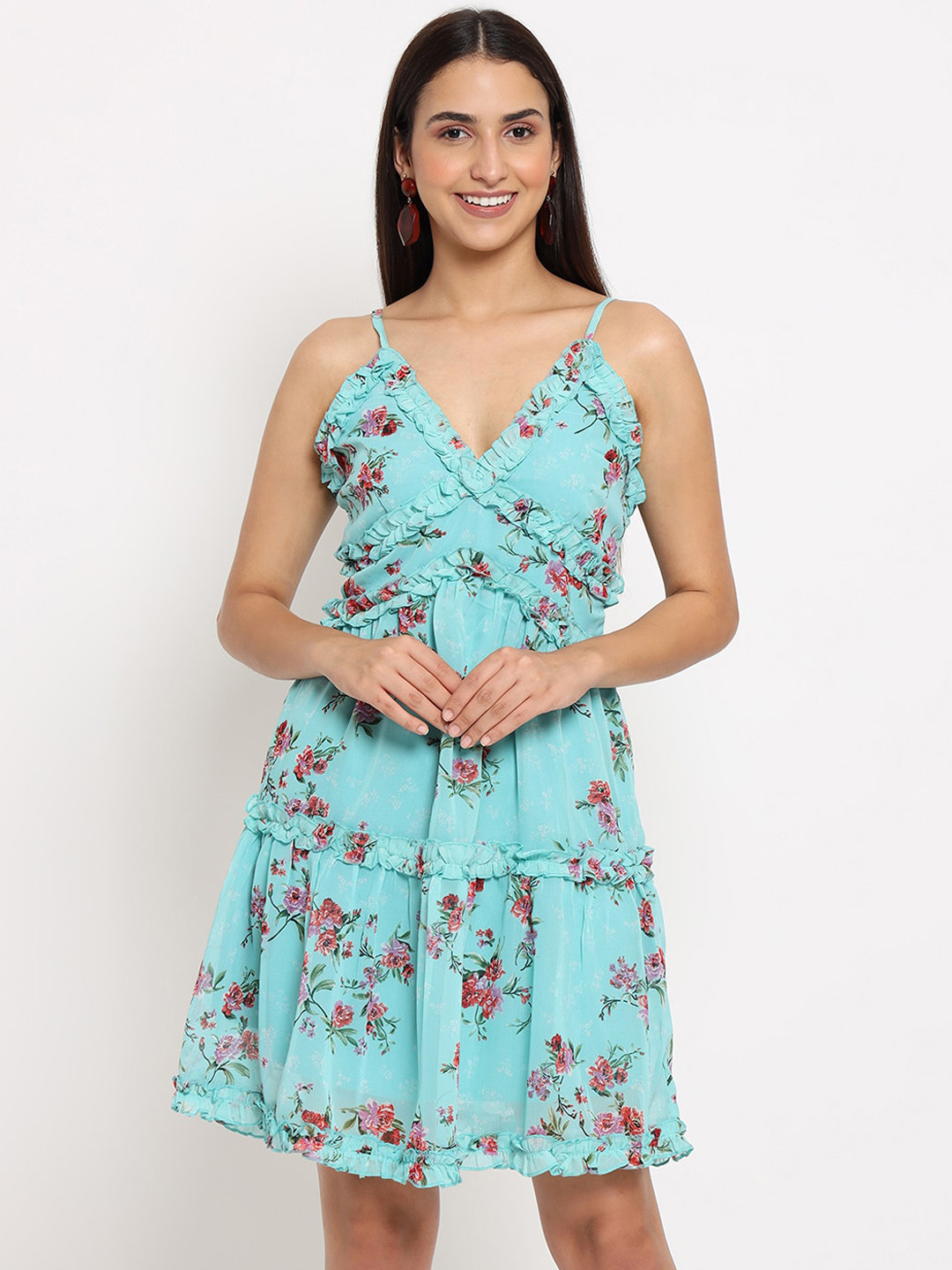 MARC LOUIS Turquoise Blue & Pink Floral Georgette Dress