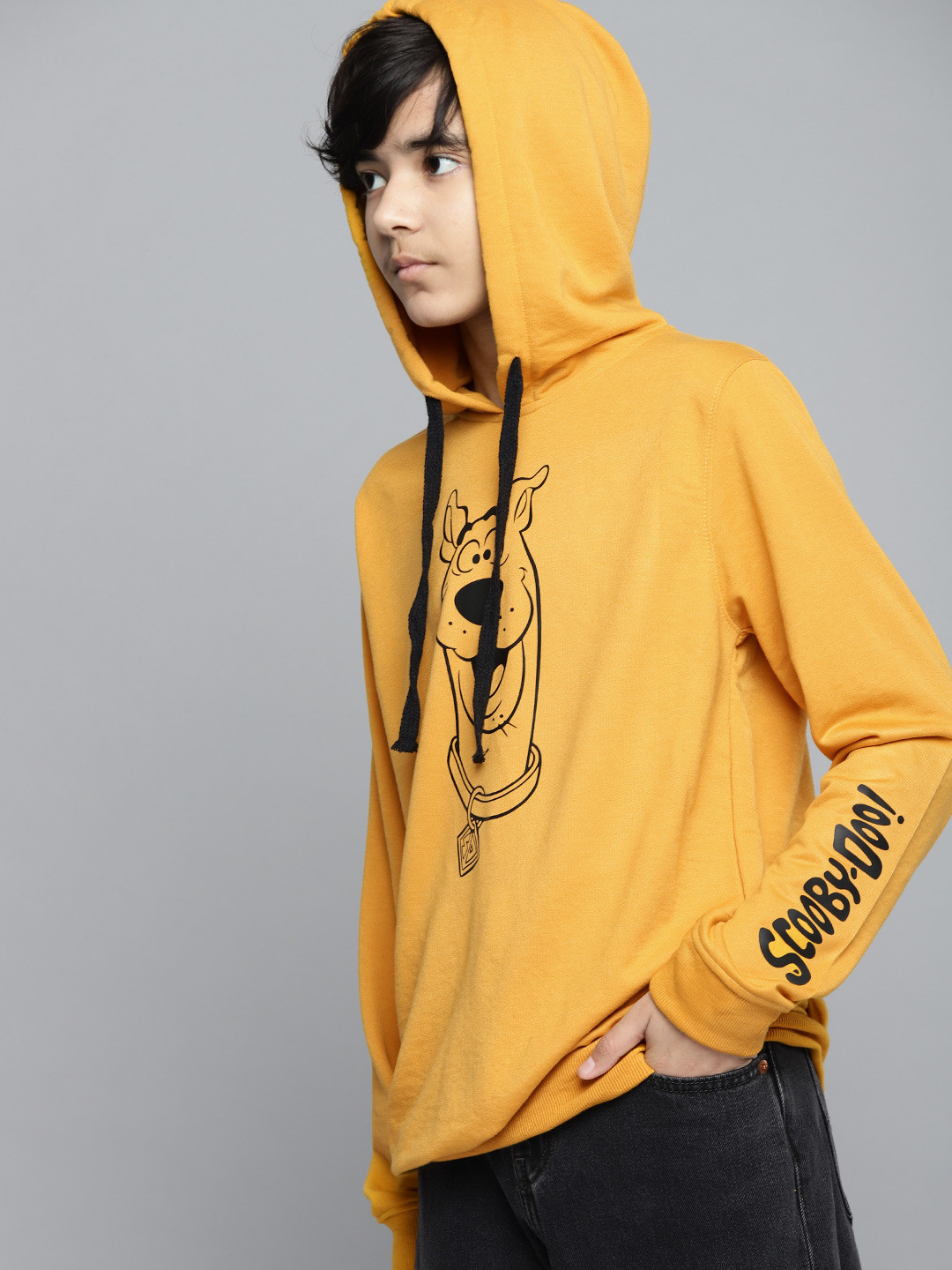 Kook N Keech Toons Teens Boys Mustard Yellow & Black Scooby-Doo Print Hooded Sweatshirt