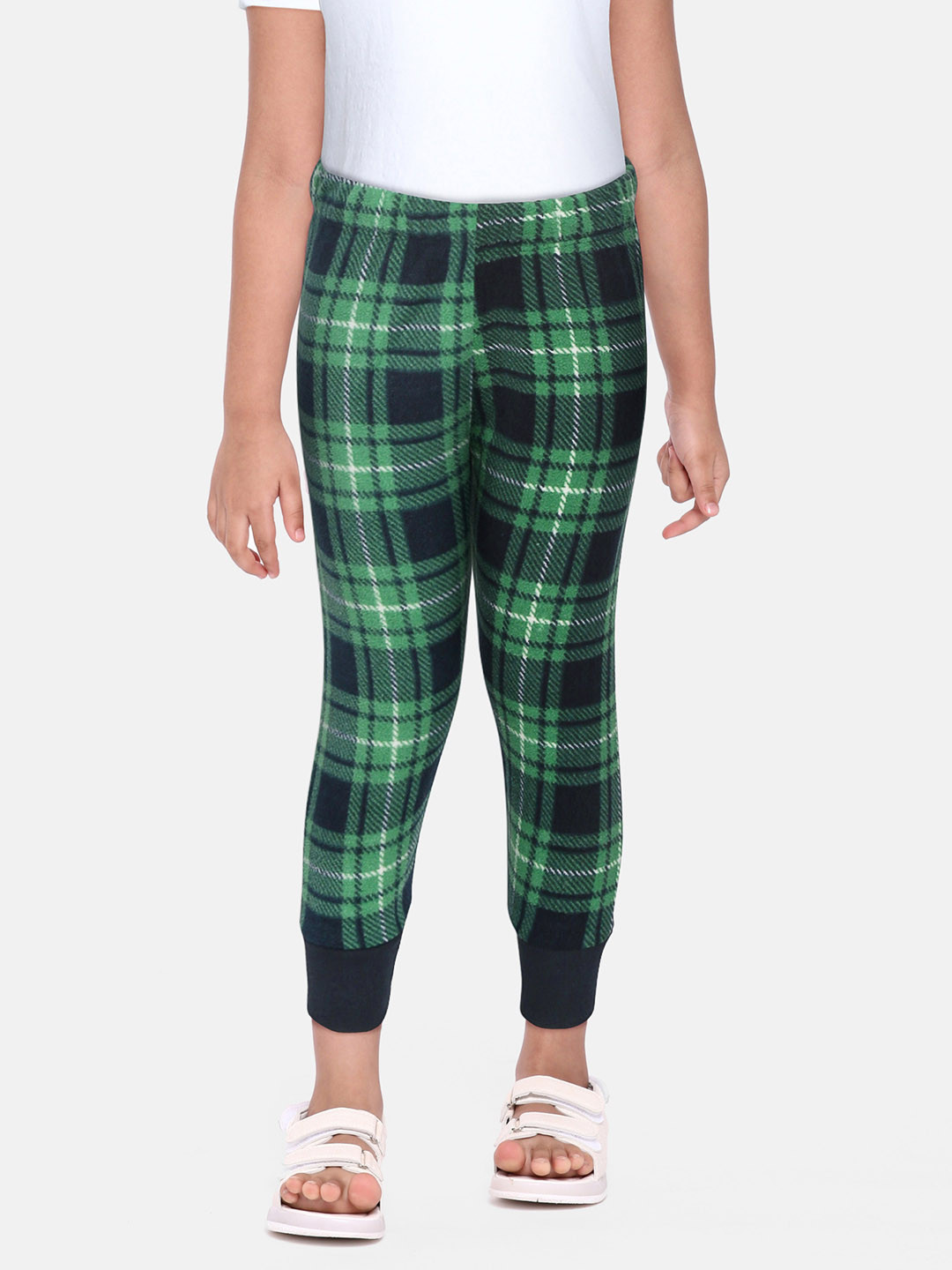 CrayonFlakes Kids Green & Black Checked Slim Fit Polar Fleece  Joggers