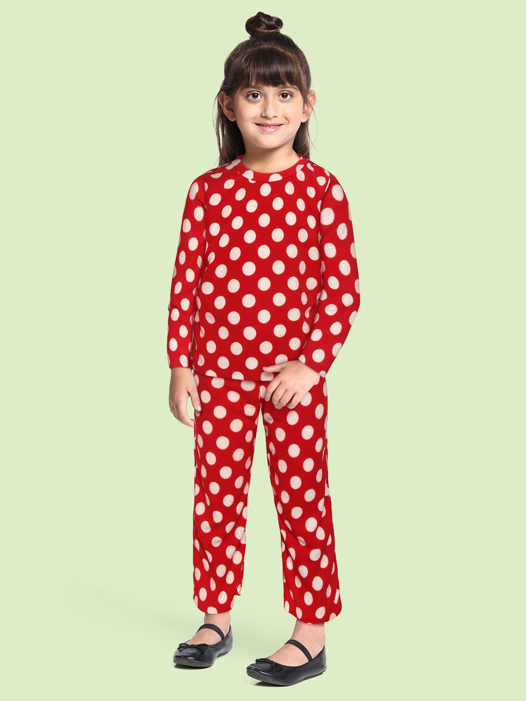 CrayonFlakes Girls Polar Fleece  Red & White Printed T-shirt with Trouser