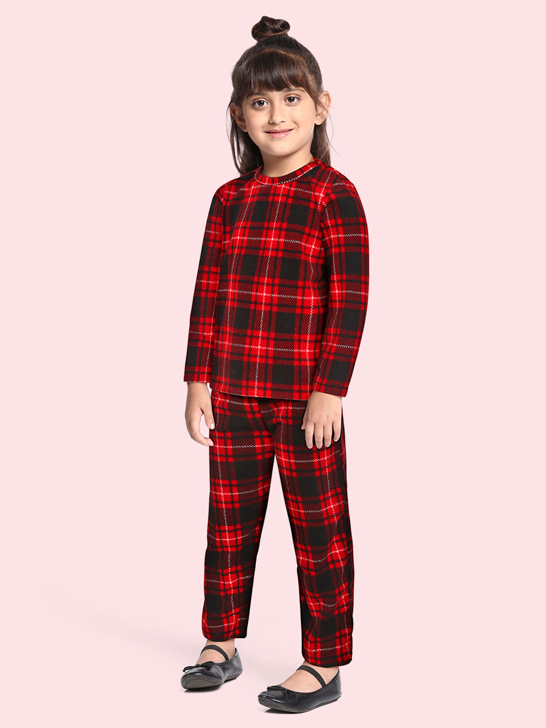 CrayonFlakes Girls Polar Fleece  Red & Black Checked T-shirt with Trousers