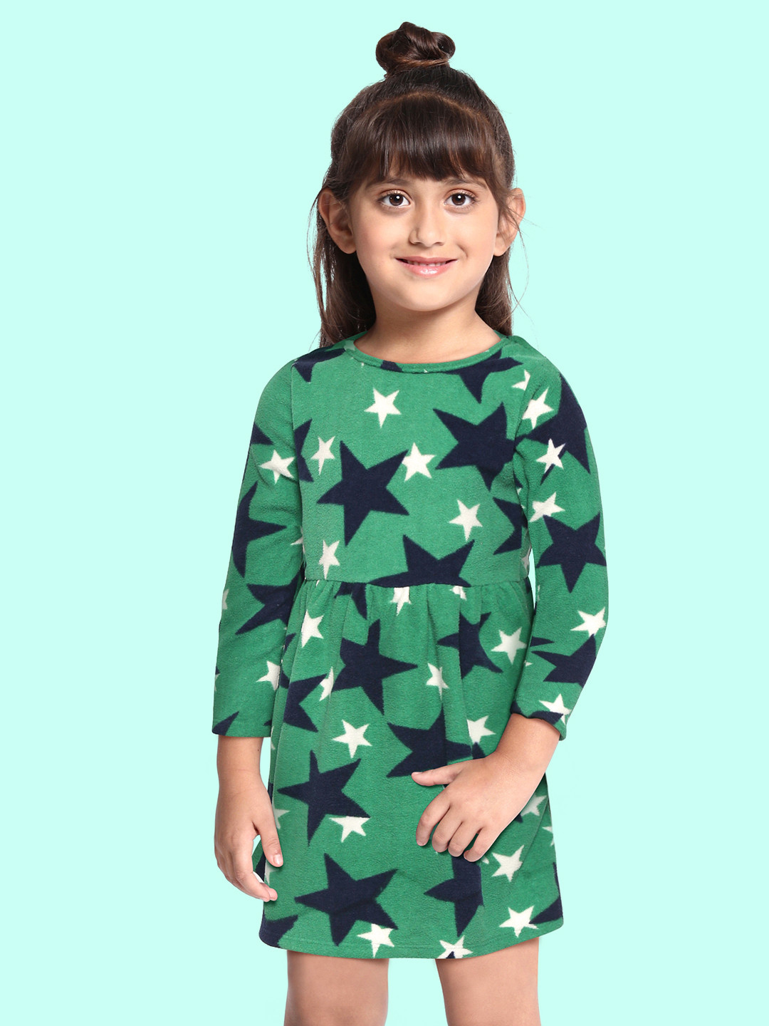 CrayonFlakes Green Printed Fit & Flare Polar Fleece  Dress