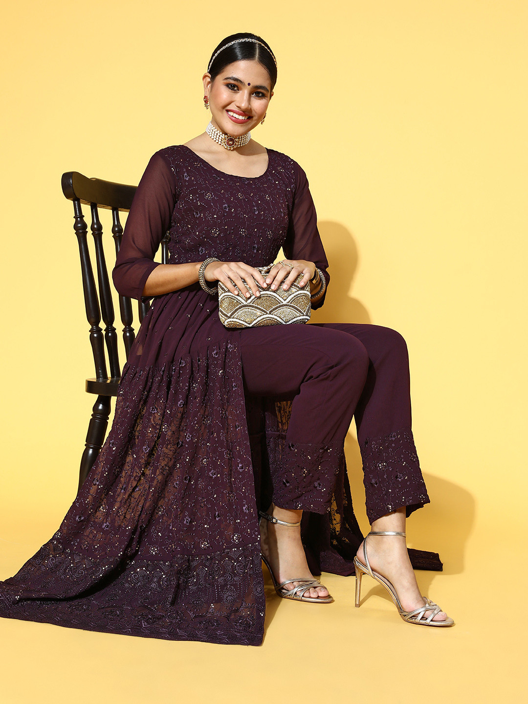 Kvsfab Women Purple Georgette Front Slit Flared A-Line Kurta Pant Set