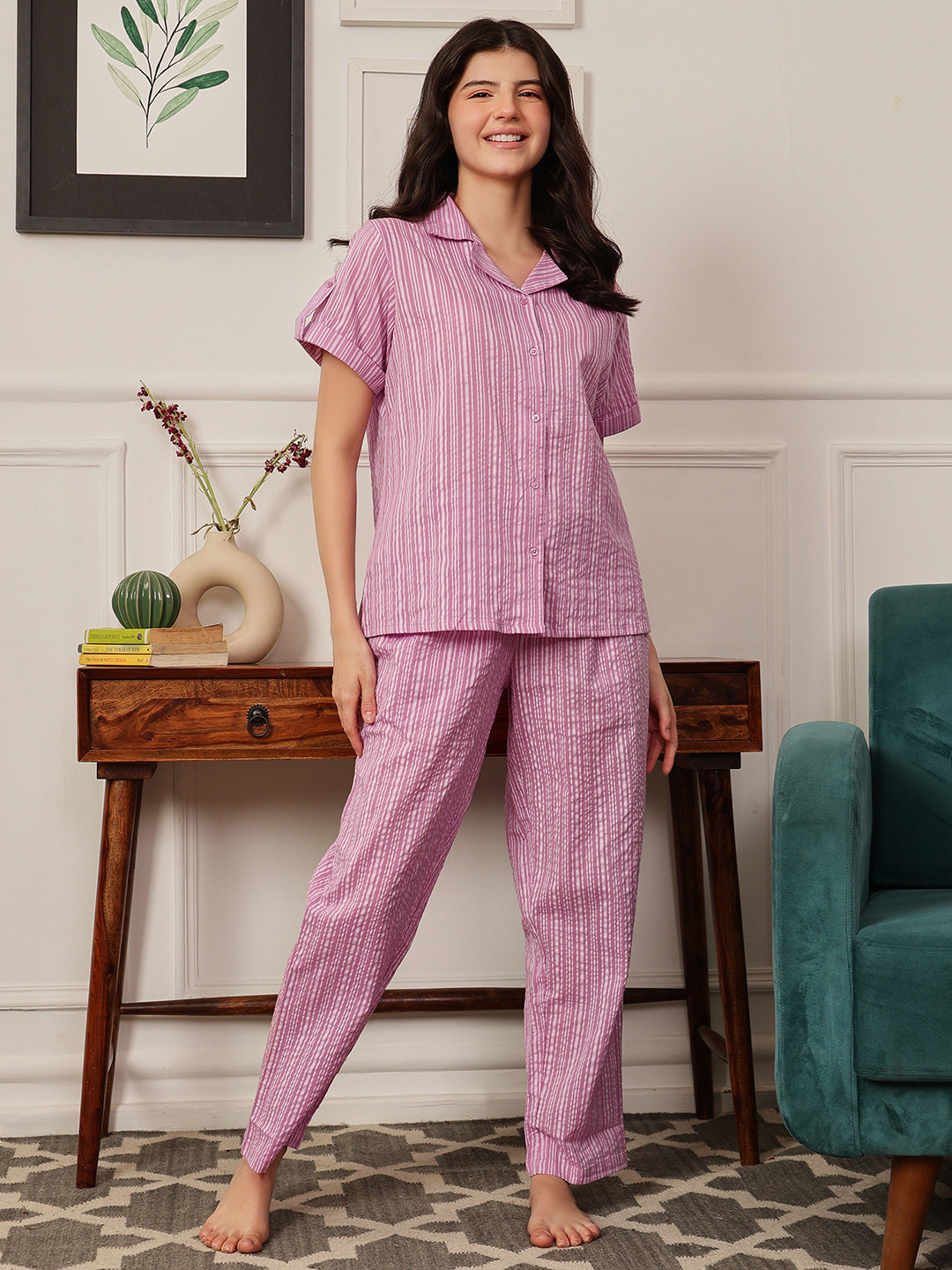 Clovia Women Purple Striped Pure Cotton Night Suit