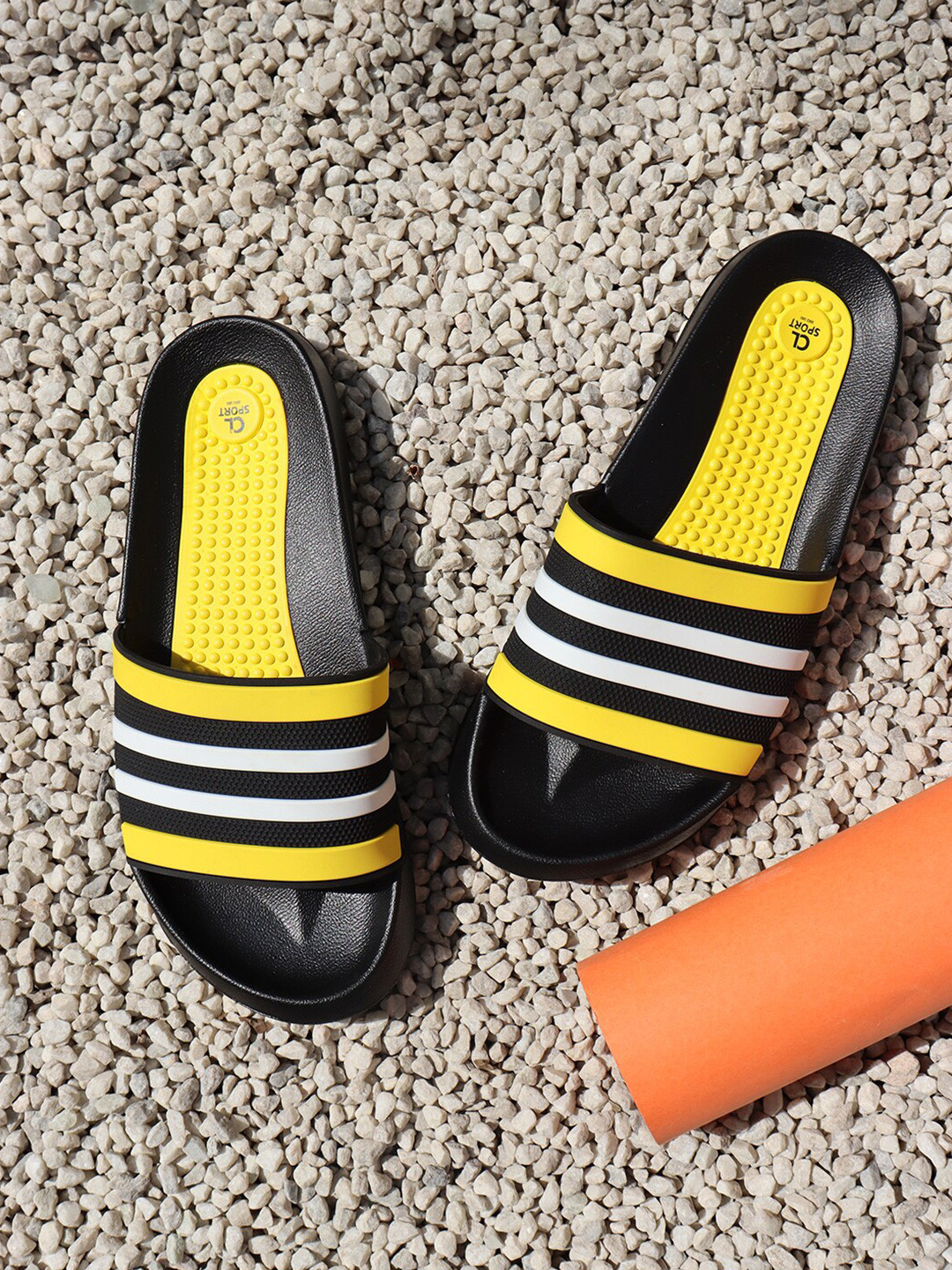 Carlton London sports Men Black & Yellow Striped Sliders