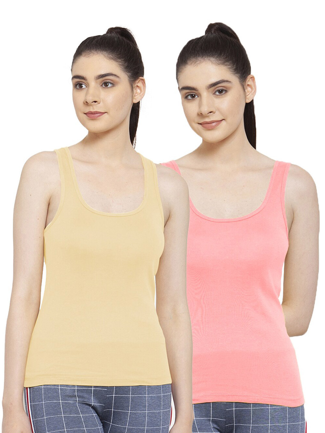 Friskers Pack Of 2 Women Beige & Coral Tank Top