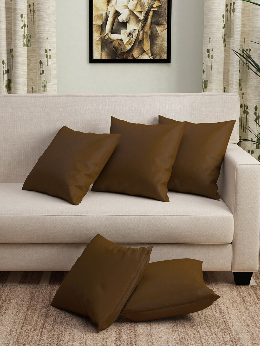 Story@home Set Of 5 Brown Designer Square Cushion Covers