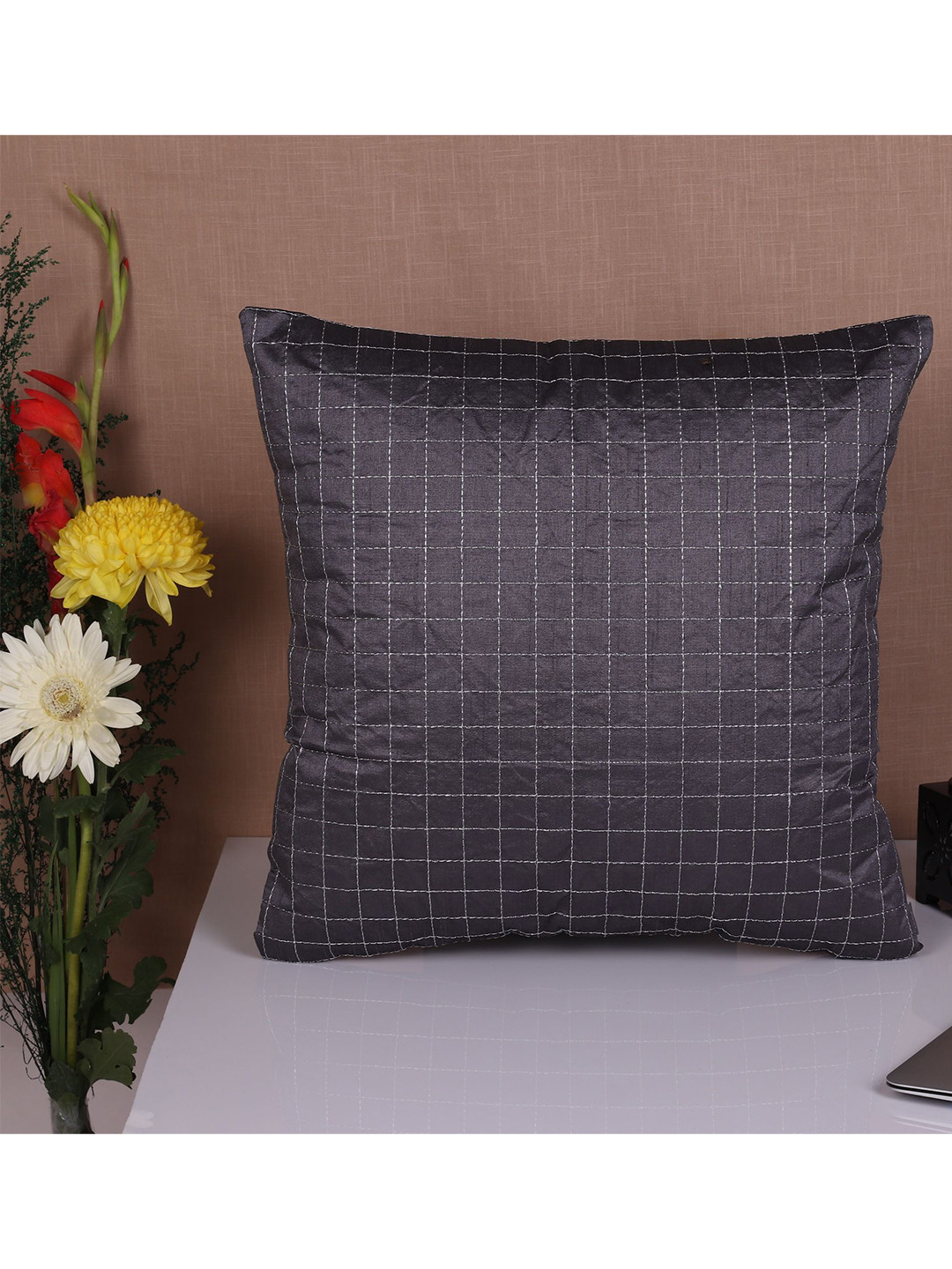 Molcha Printed Grey Checked Polyester Silk Durable 5 Piece Square Cushion Covers -16x16In