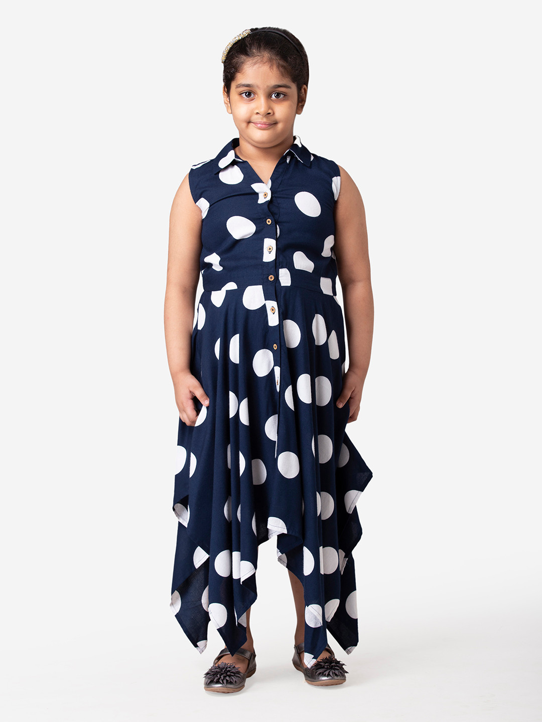 Hoop Hippo Girls Navy Blue Polka Dot Shirt Dress
