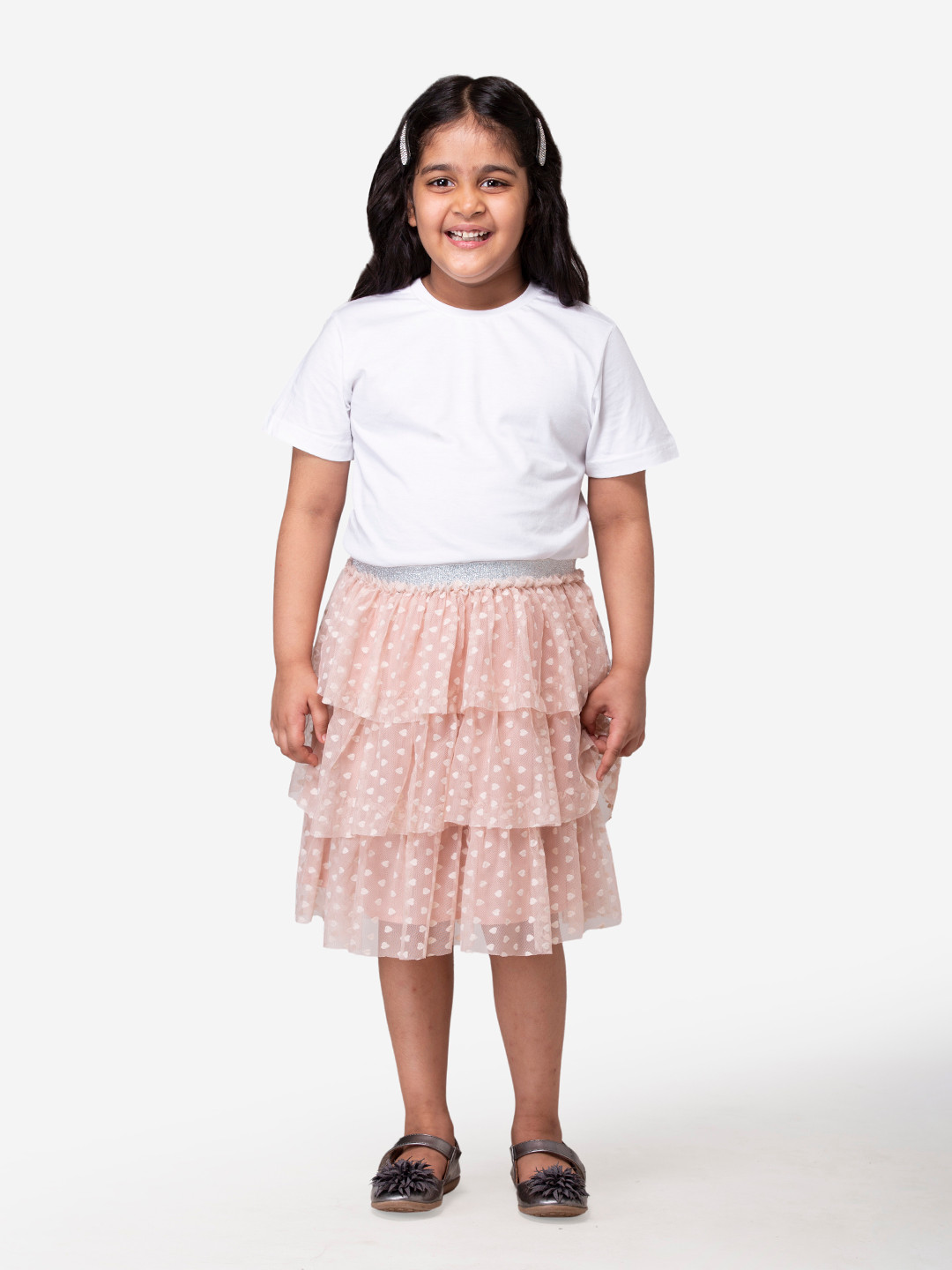 Hoop Hippo Girls Peach& Gold Polka Dot Cotton Voile Lace Layered Skirt