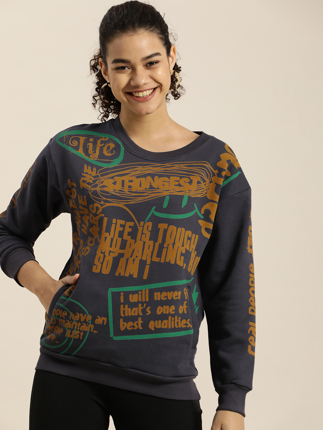 Difference of Opinion Women Grey Printed Oversized Sweatshirt