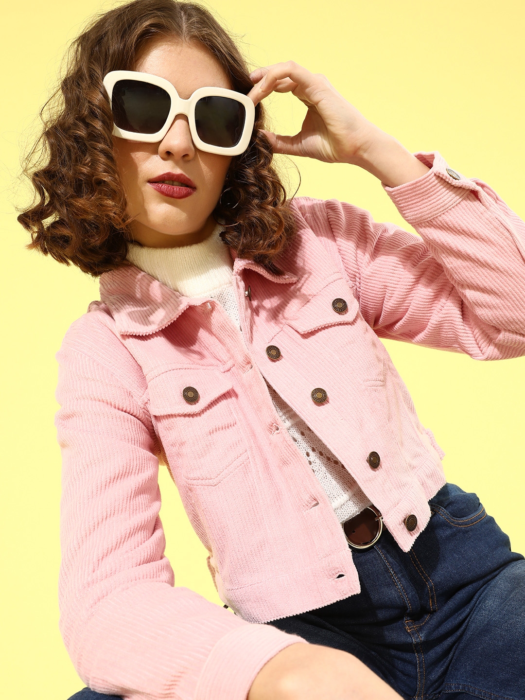 Buy SASSAFRAS Women Pink Striped Corduroy Crop Trucker Jacket Jackets for Women 15940128 Myntra