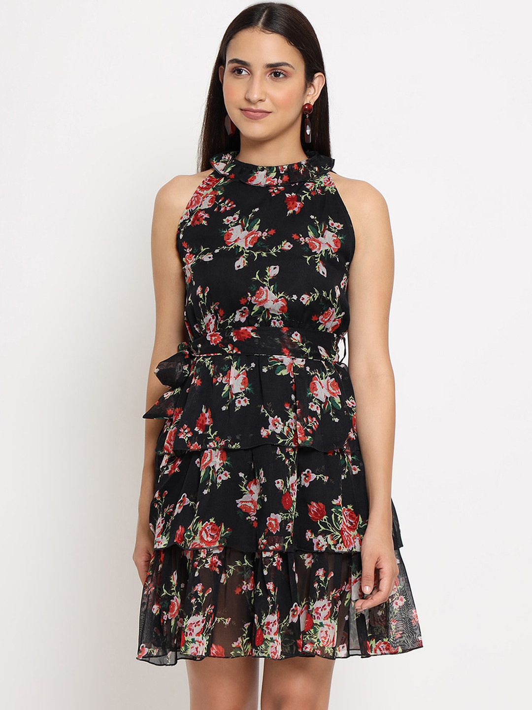 MARC LOUIS Black Floral Halter Neck Ruffled  A-Line Dress