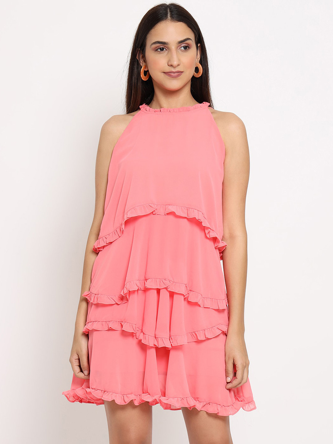 MARC LOUIS Peach-Coloured Halter Neck Layered Georgette A-Line Dress
