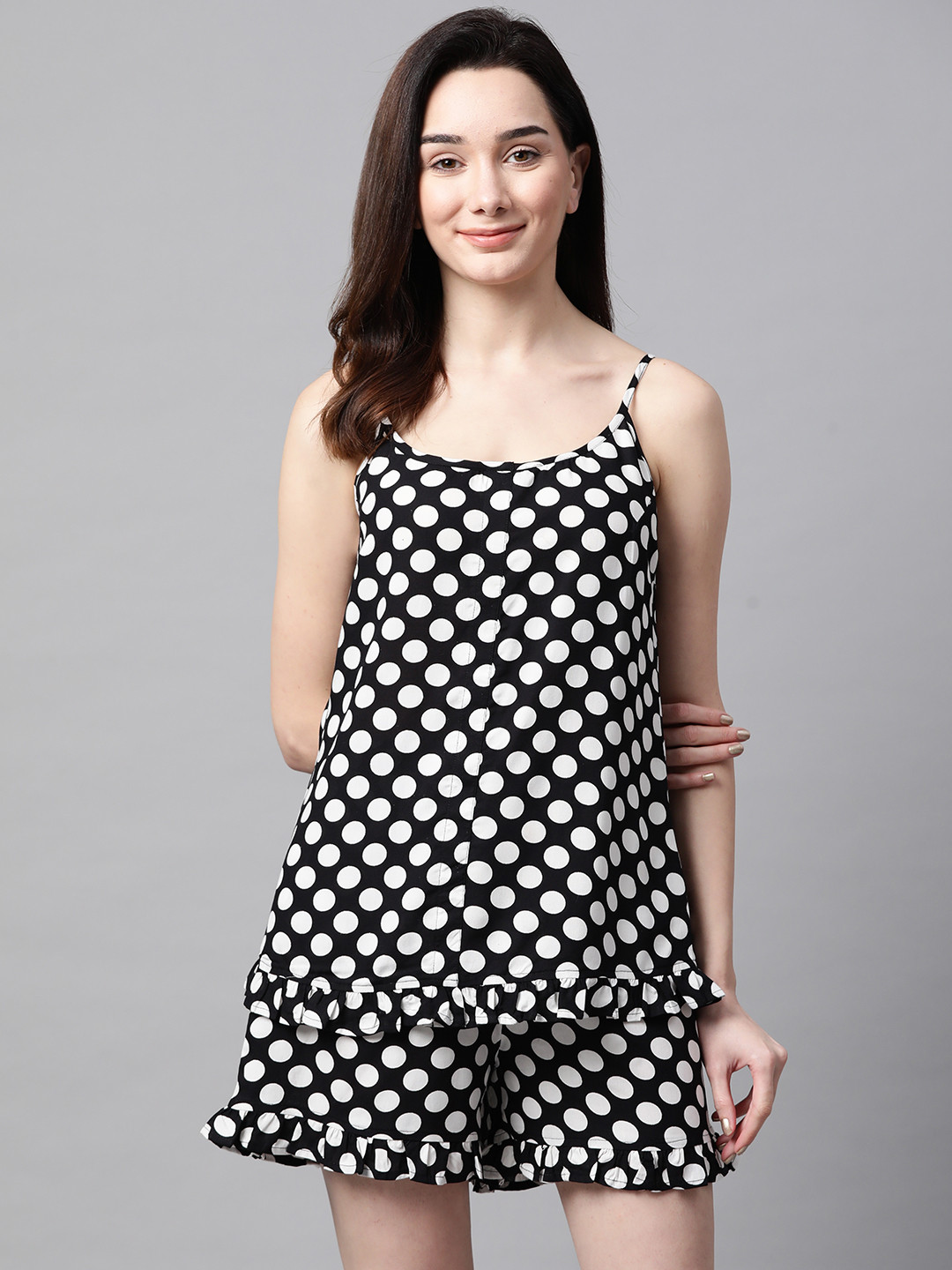 Meeranshi Women Black & White Pure Cotton Polka Dots Print Nightsuit