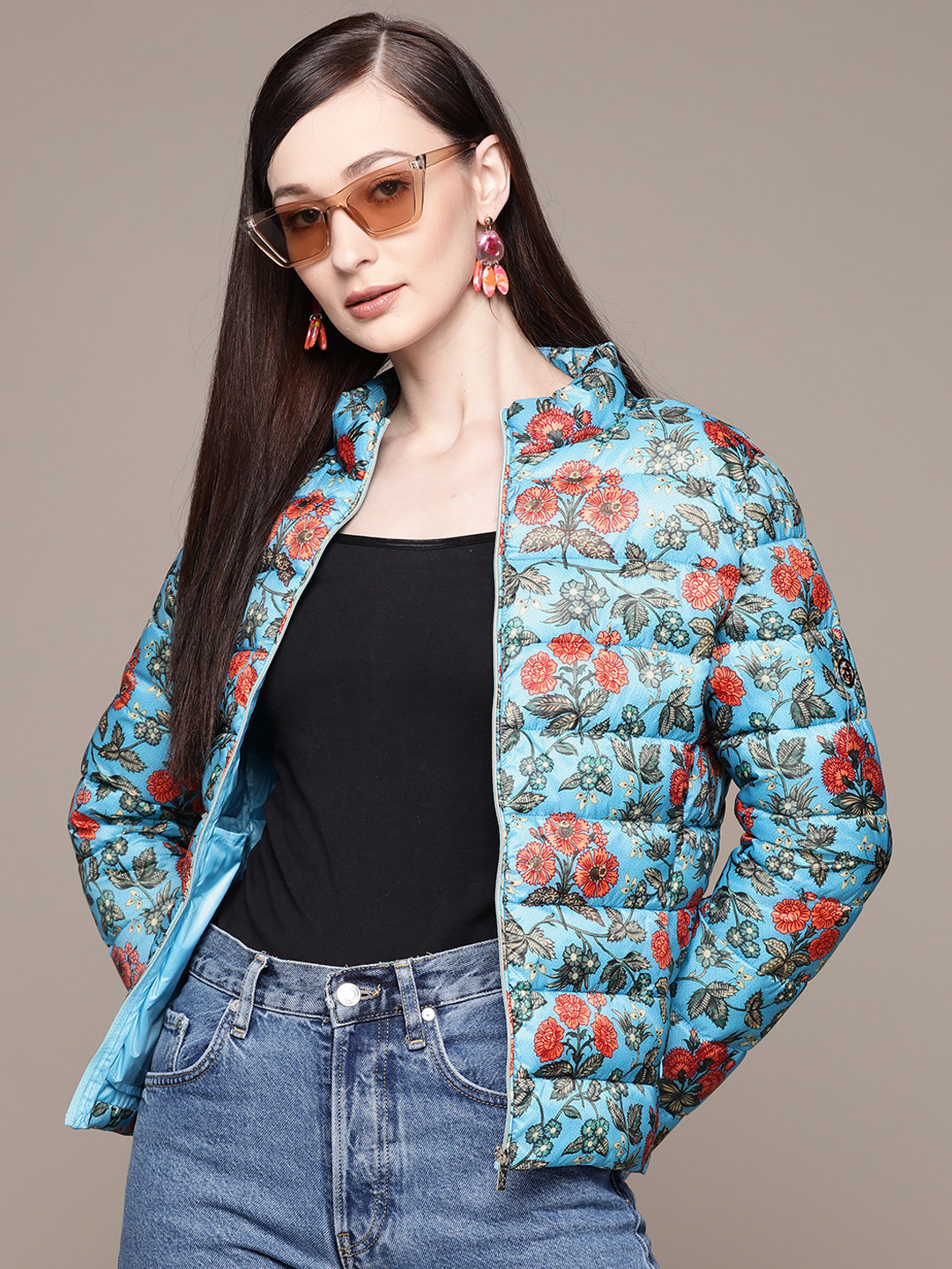 Label Ritu Kumar Women Blue Floral Puffer Jacket