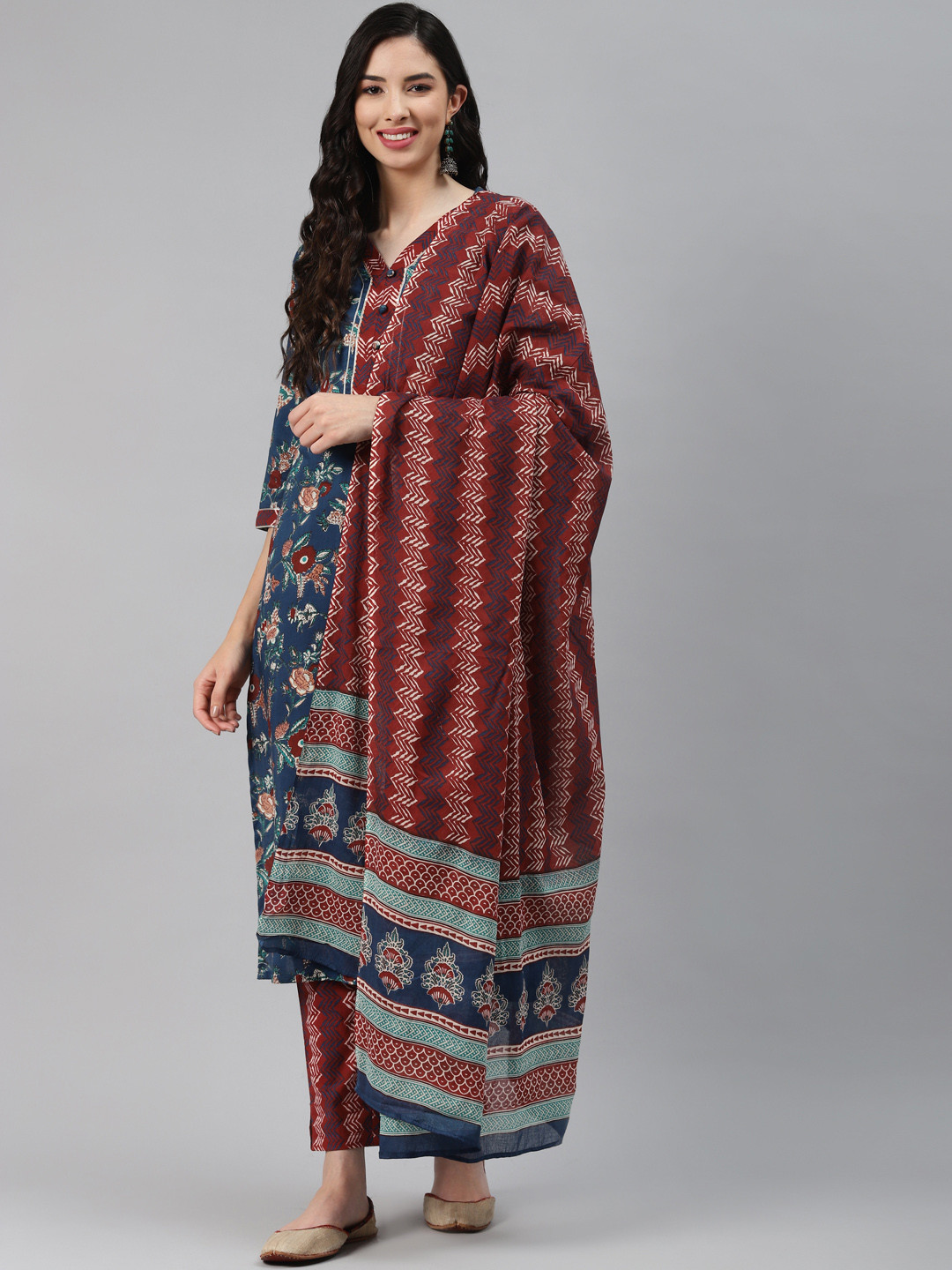 Silai Bunai Women Blue Regular Pure Cotton Kurta with Palazzos & With Dupatta