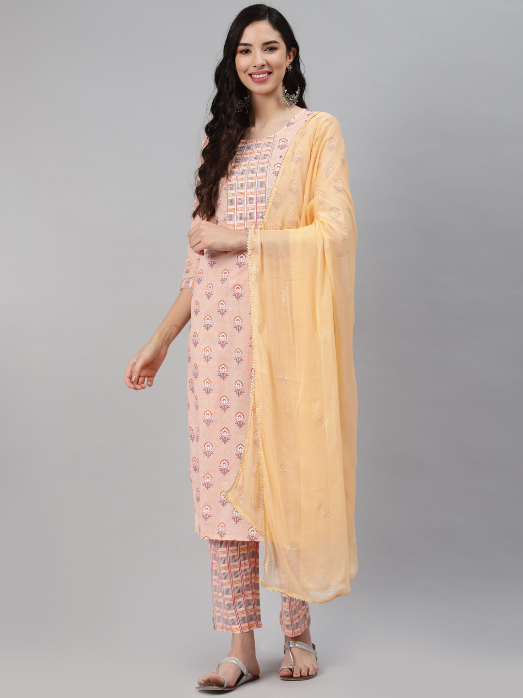 Silai Bunai Women Peach-Coloured Regular Pure Cotton Kurta with Palazzos & With Dupatta