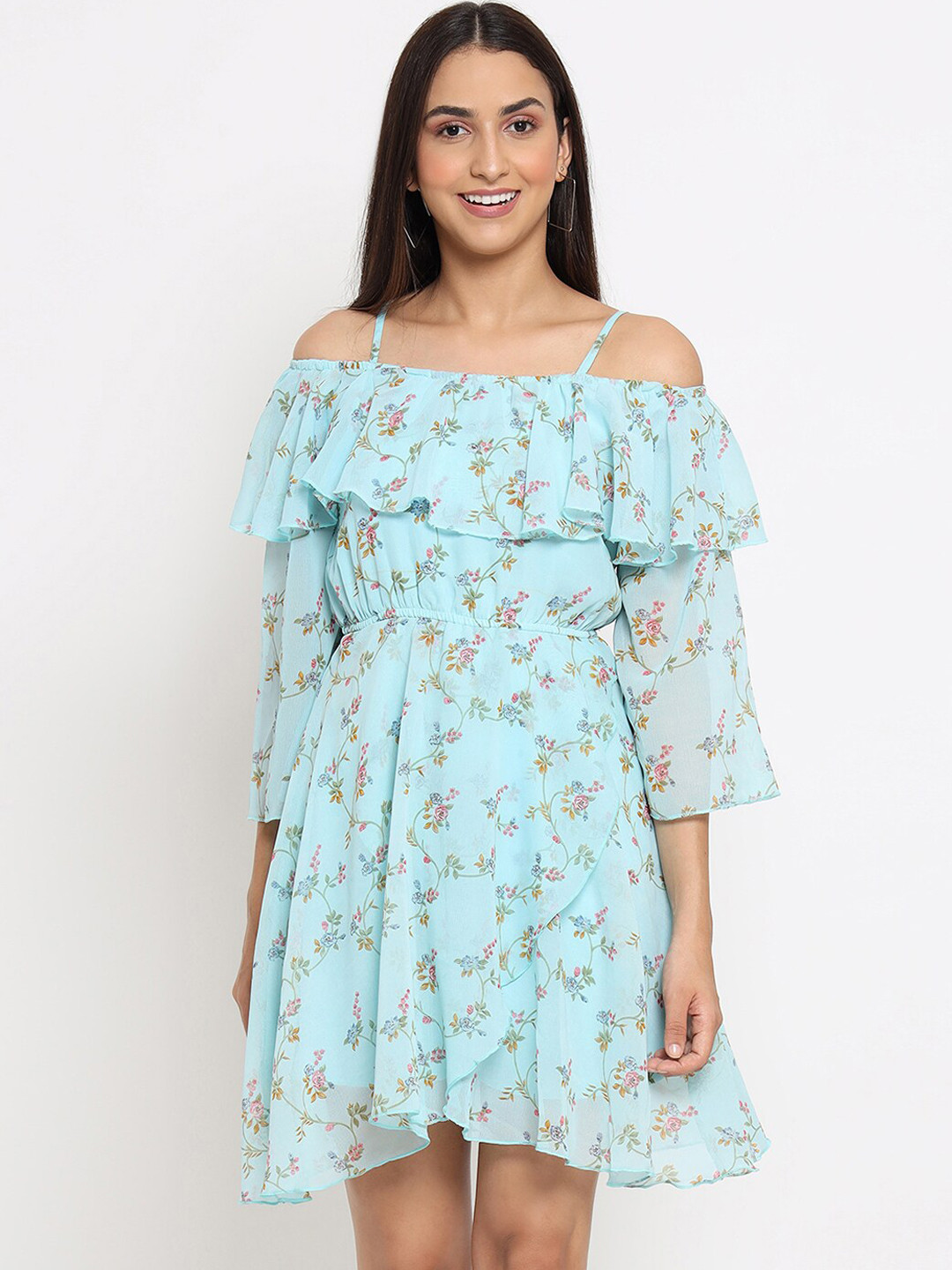 MARC LOUIS Turquoise Blue Floral Off-Shoulder Georgette Dress