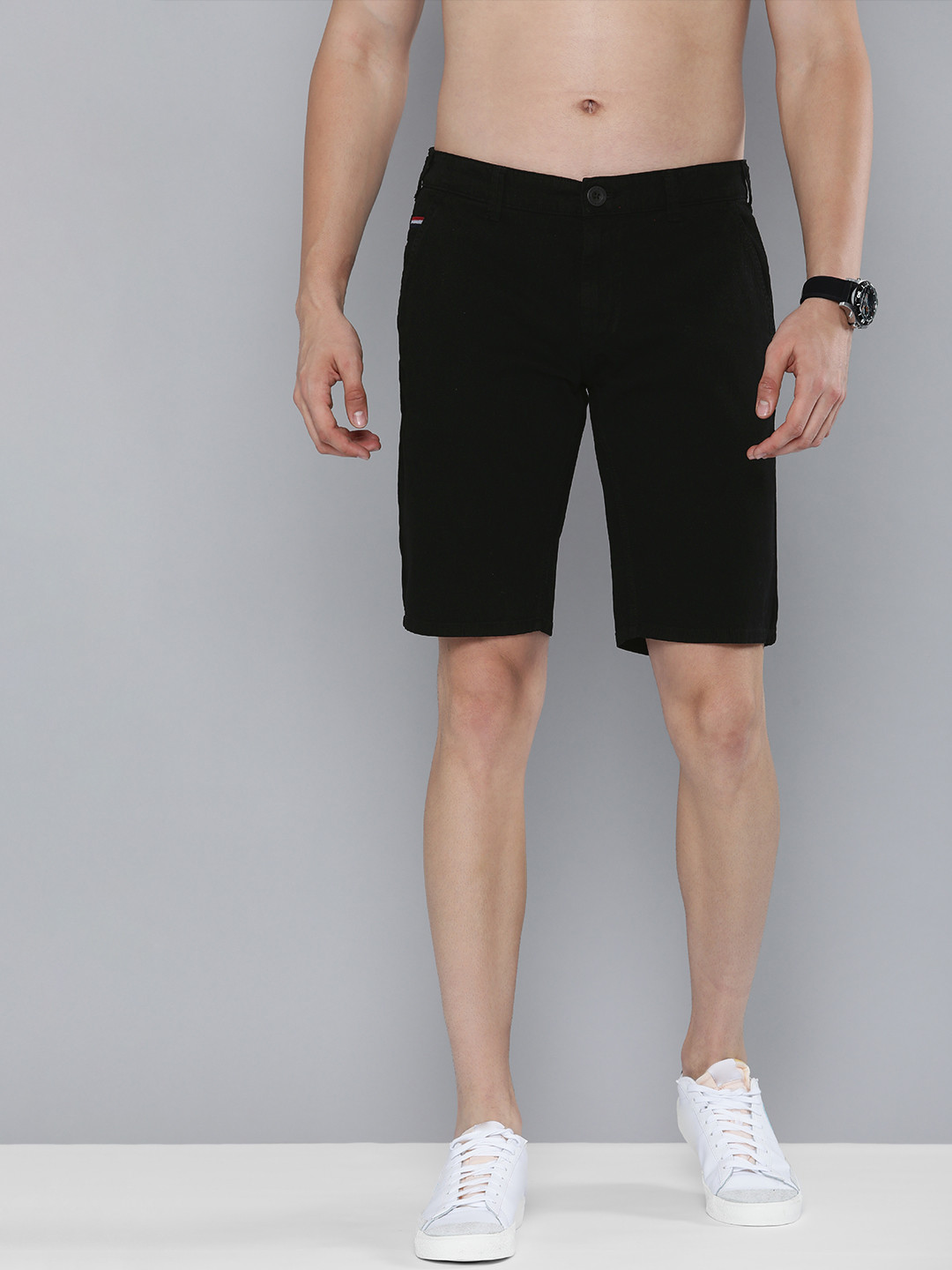 HERE&NOW Men Black Solid Mid-Rise Regular Shorts