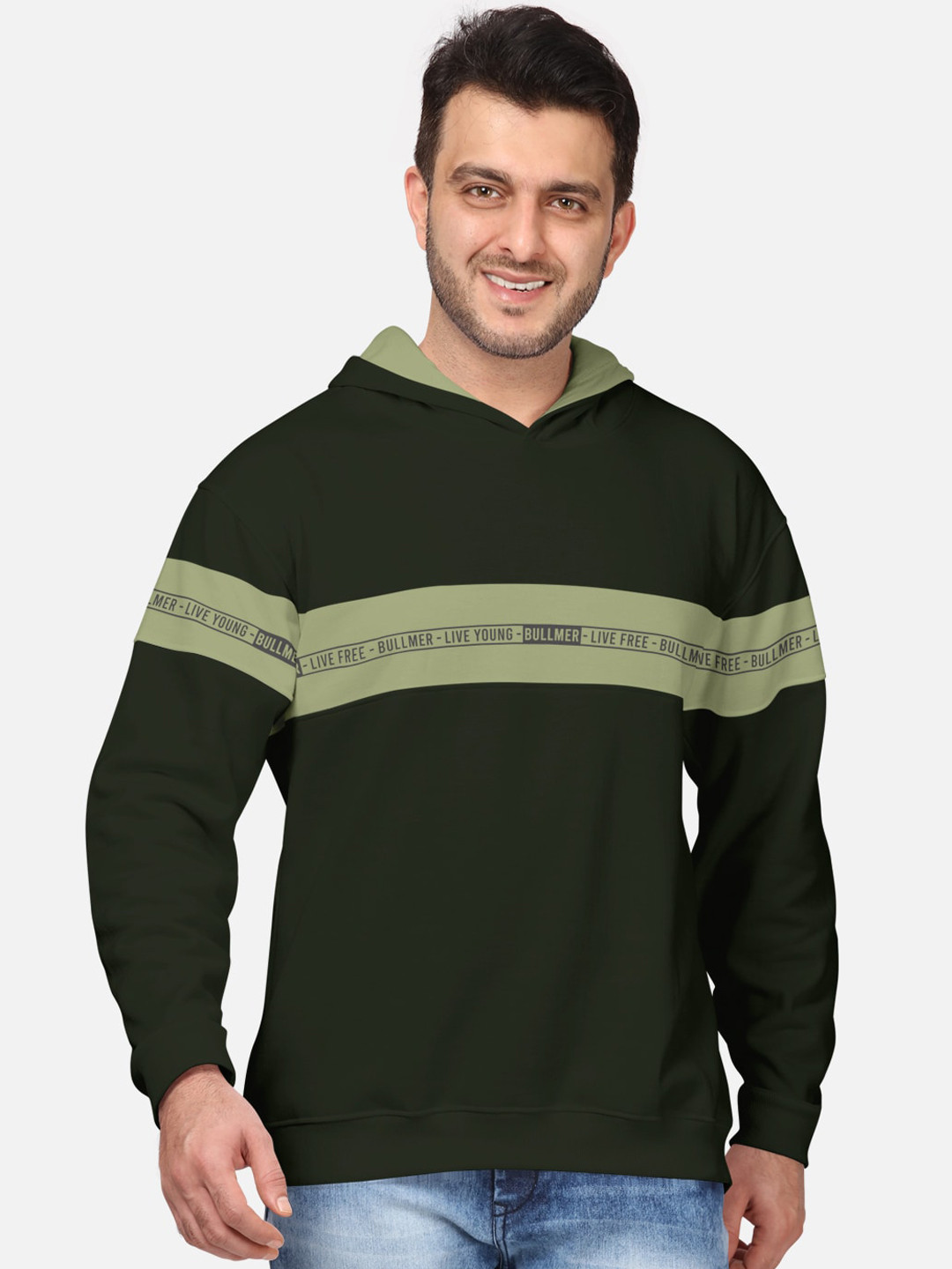 BULLMER Men Olive Green Printed Hooded Sweatshirt