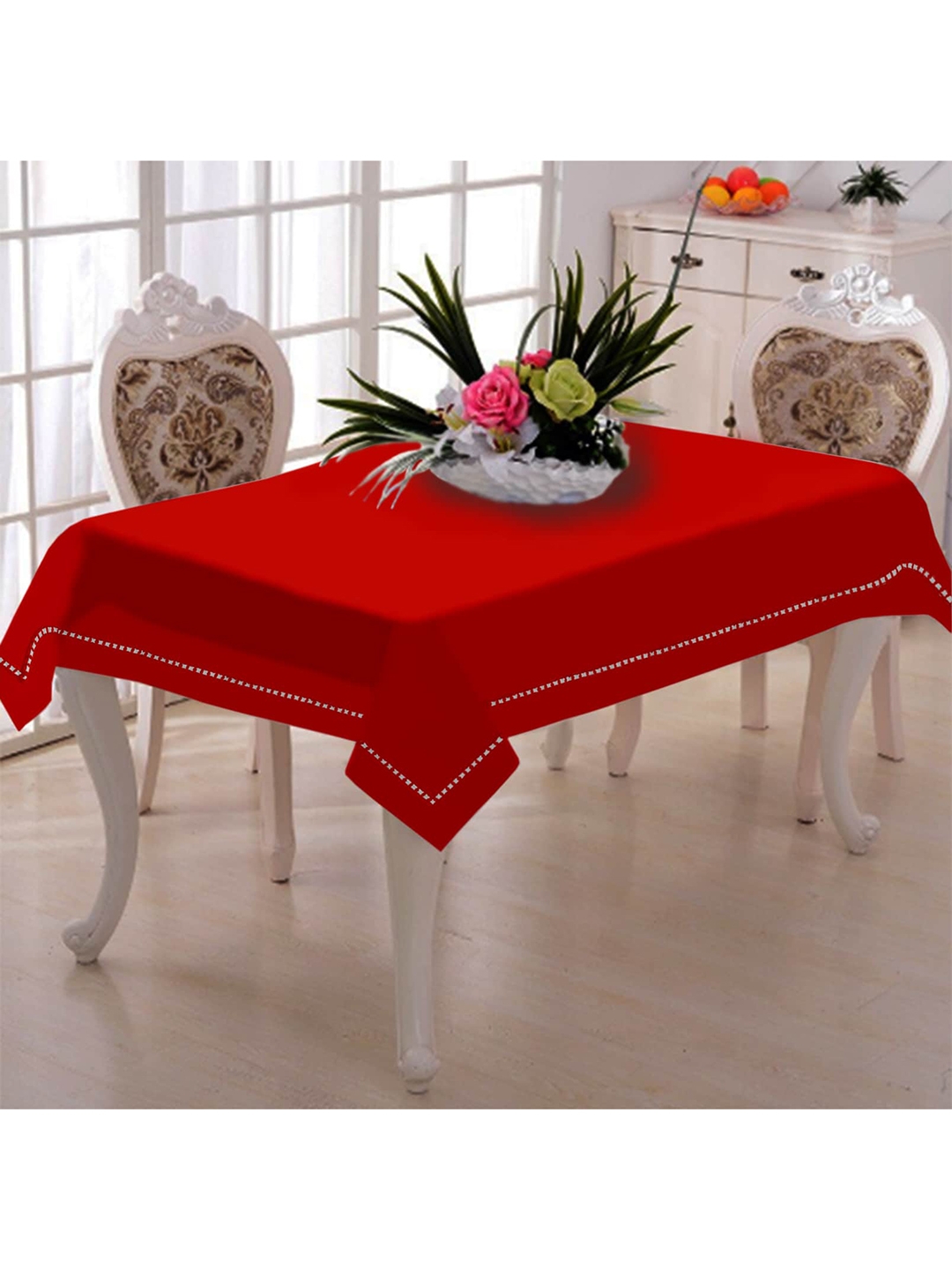 Lushomes Red Solid Pure Cotton 6 Seater Rectangular Table Cover