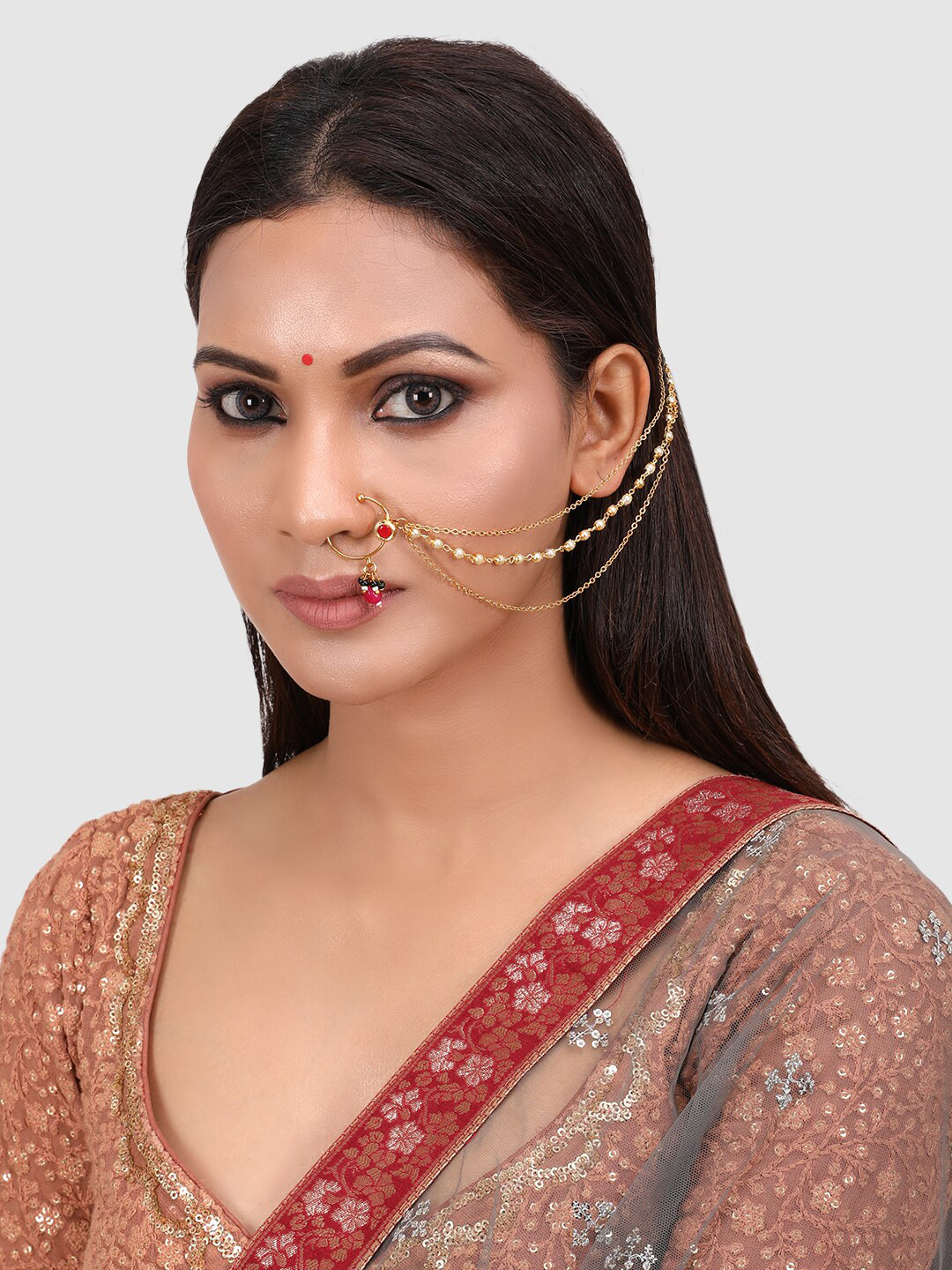 PENNY JEWELS Gold-Plated & Beige Faux Kempu Ruby & Kundan-Studded Handcrafted Vilandi Nose Ring