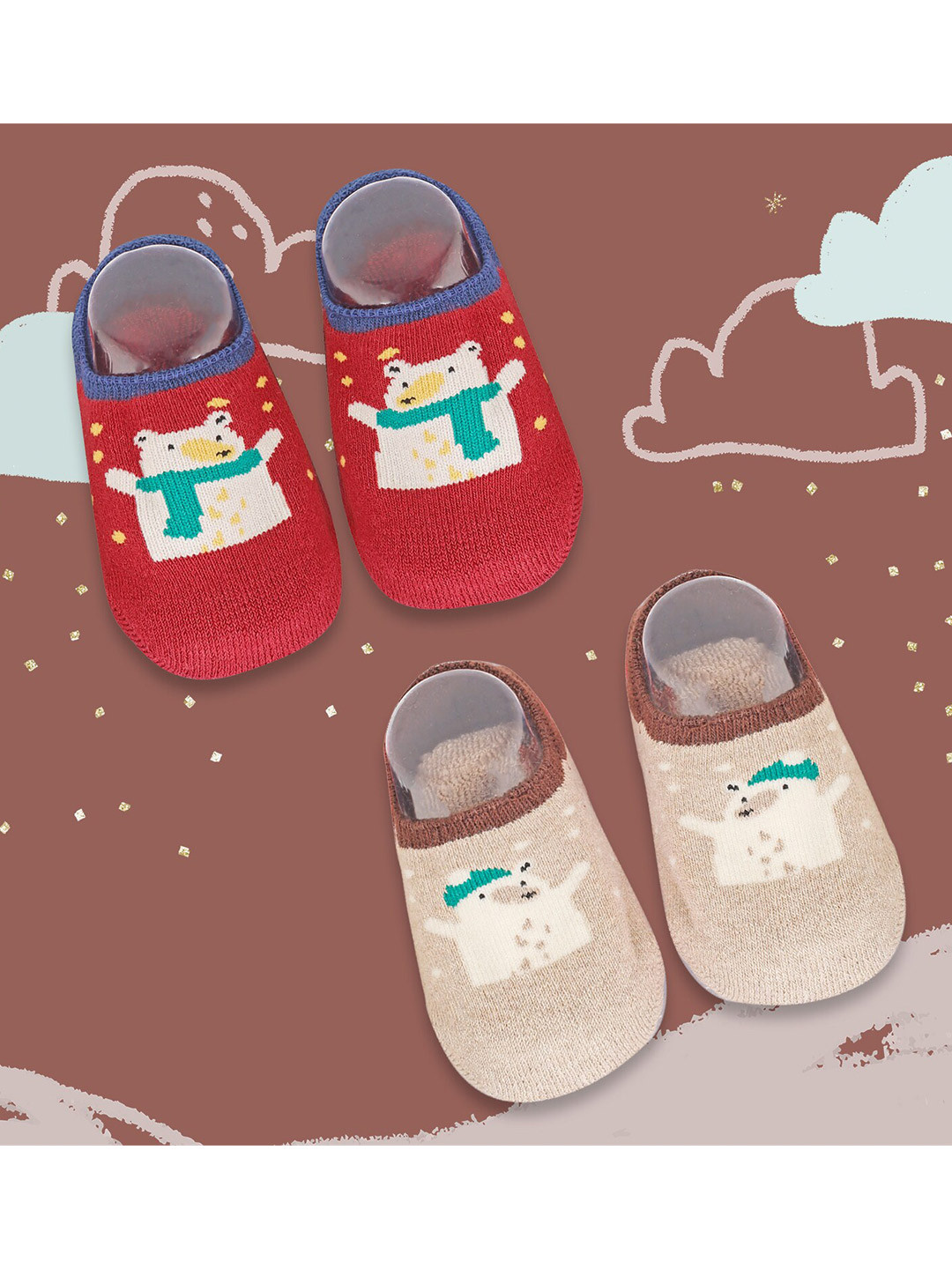 Baby Moo Kids Pack Of 2 Red & Beige Shoe Liner Socks