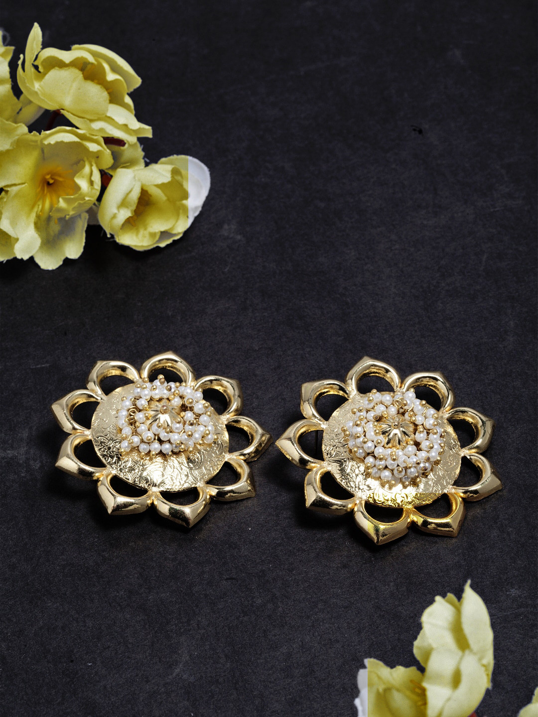 DIVA WALK Gold-Toned Pearl Beaded Floral Studs Earrings