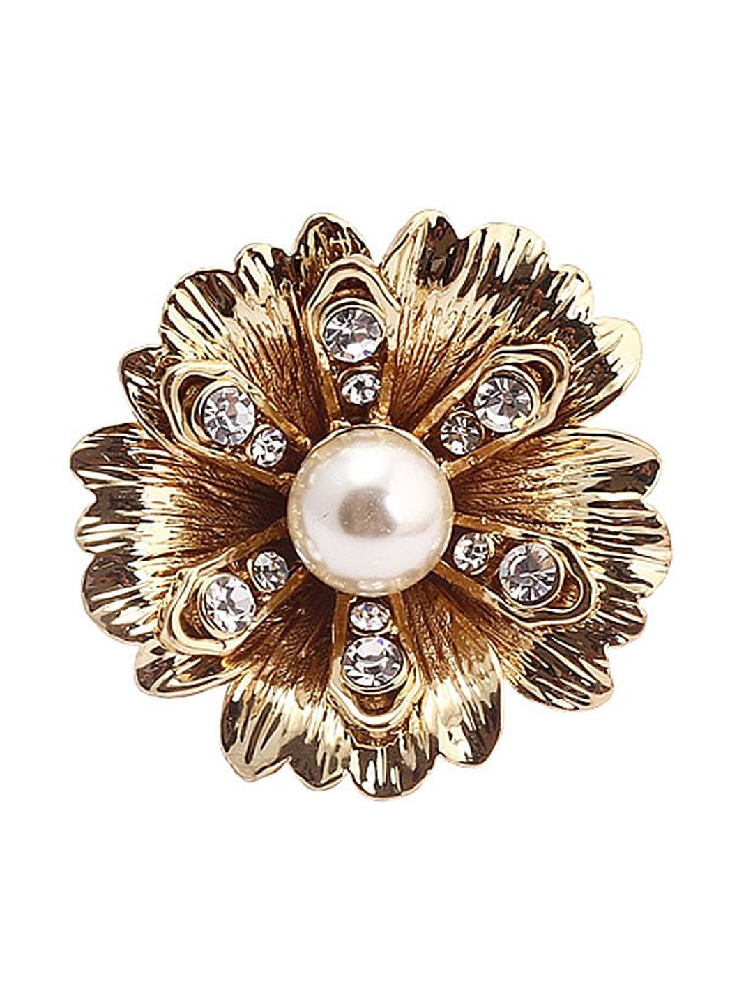FLYING BERRY Gold-Plated White Stone-Studded & Pearl Beaded Adjustable Finger Ring